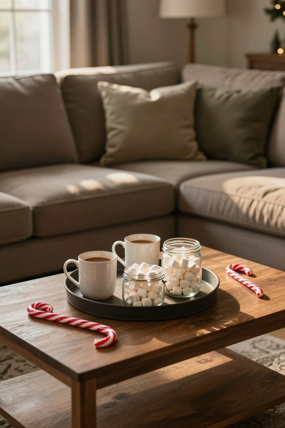 Coffee table with a hot cocoa tray, two mugs and a jar of marshmallows