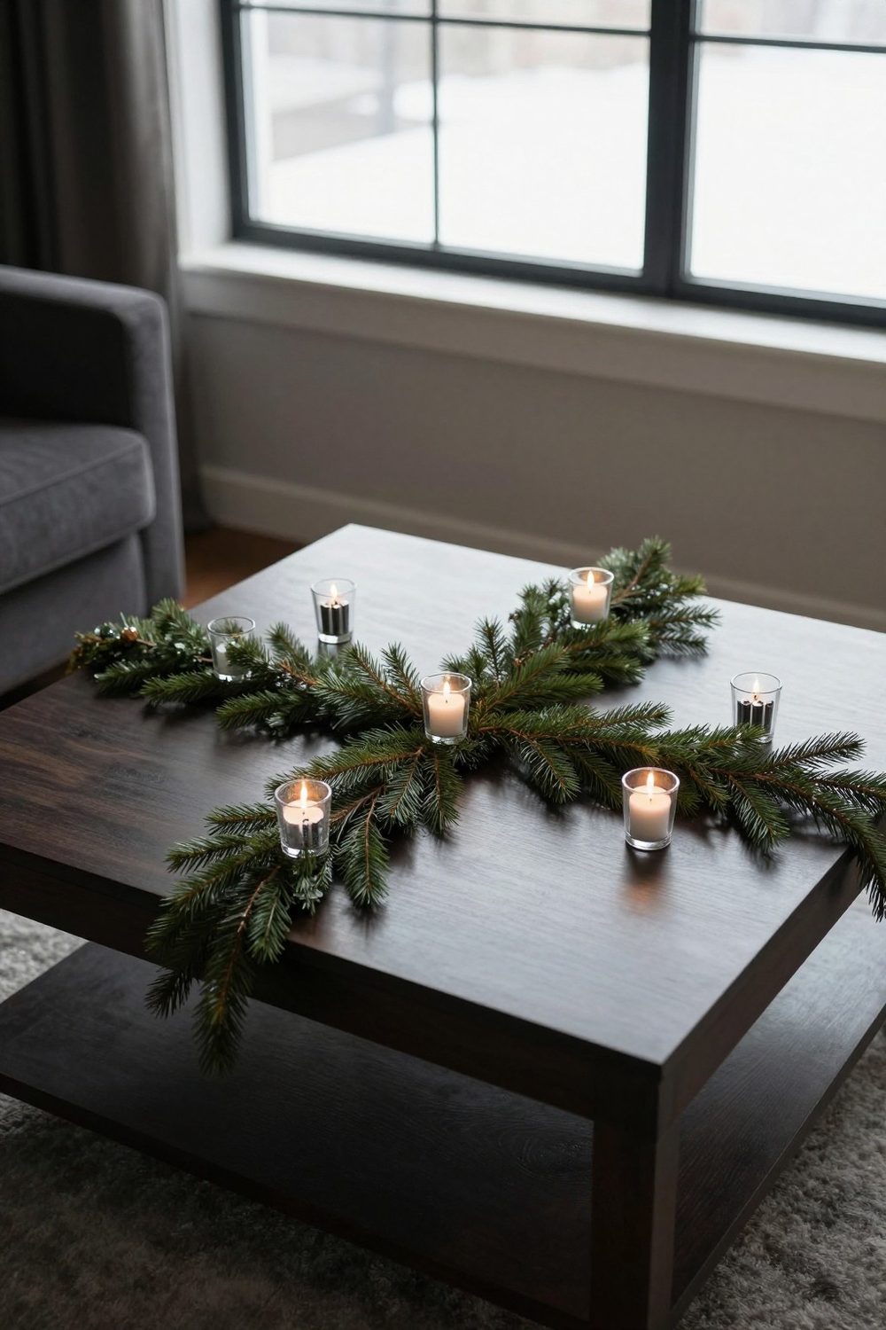 Square coffee table with four small votives and a greenery runner in an X shape