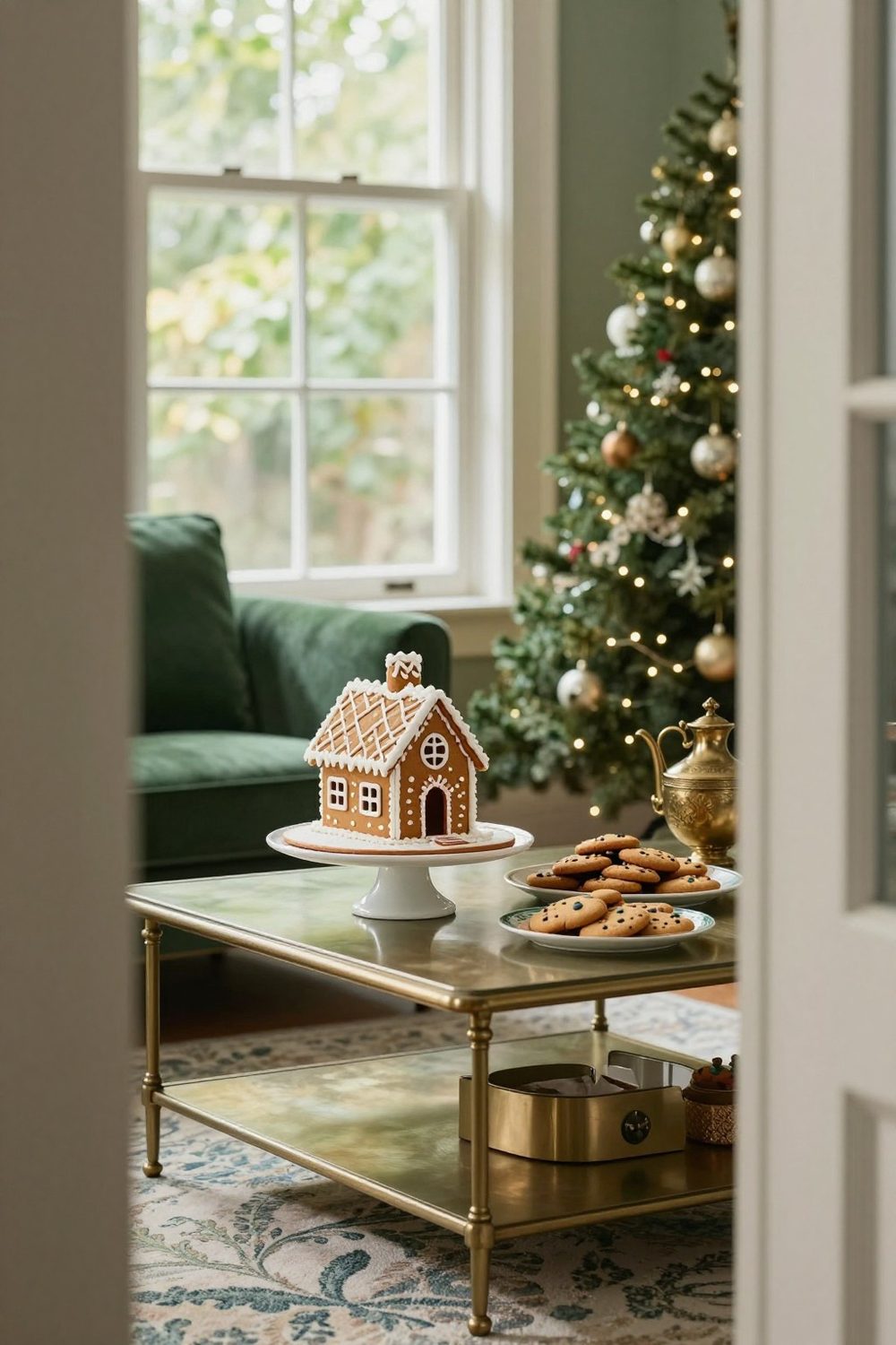 Coffee table with a gingerbread house on a cake stand and cookies