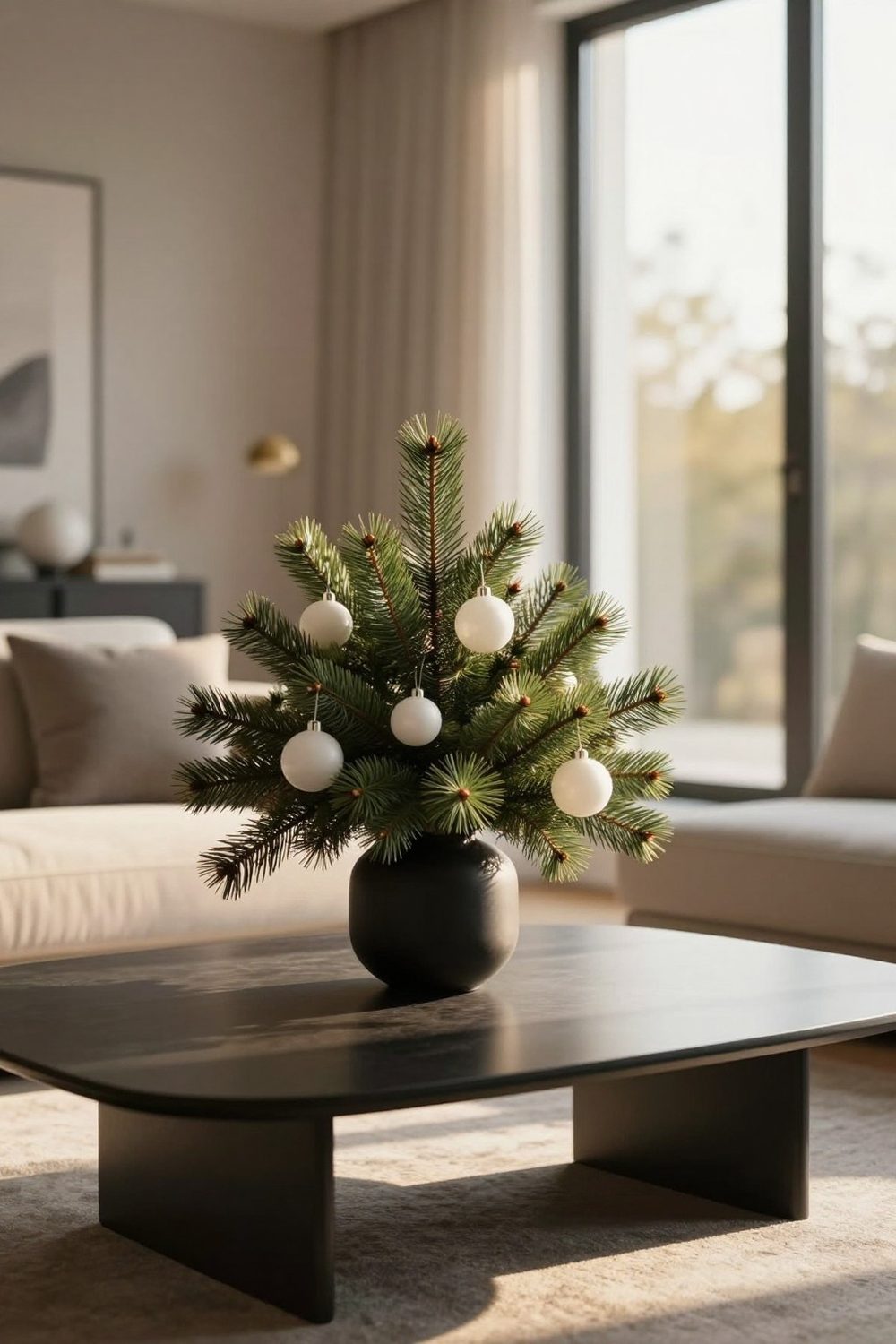 Modern coffee table with a black vase of pine branches and white ornaments