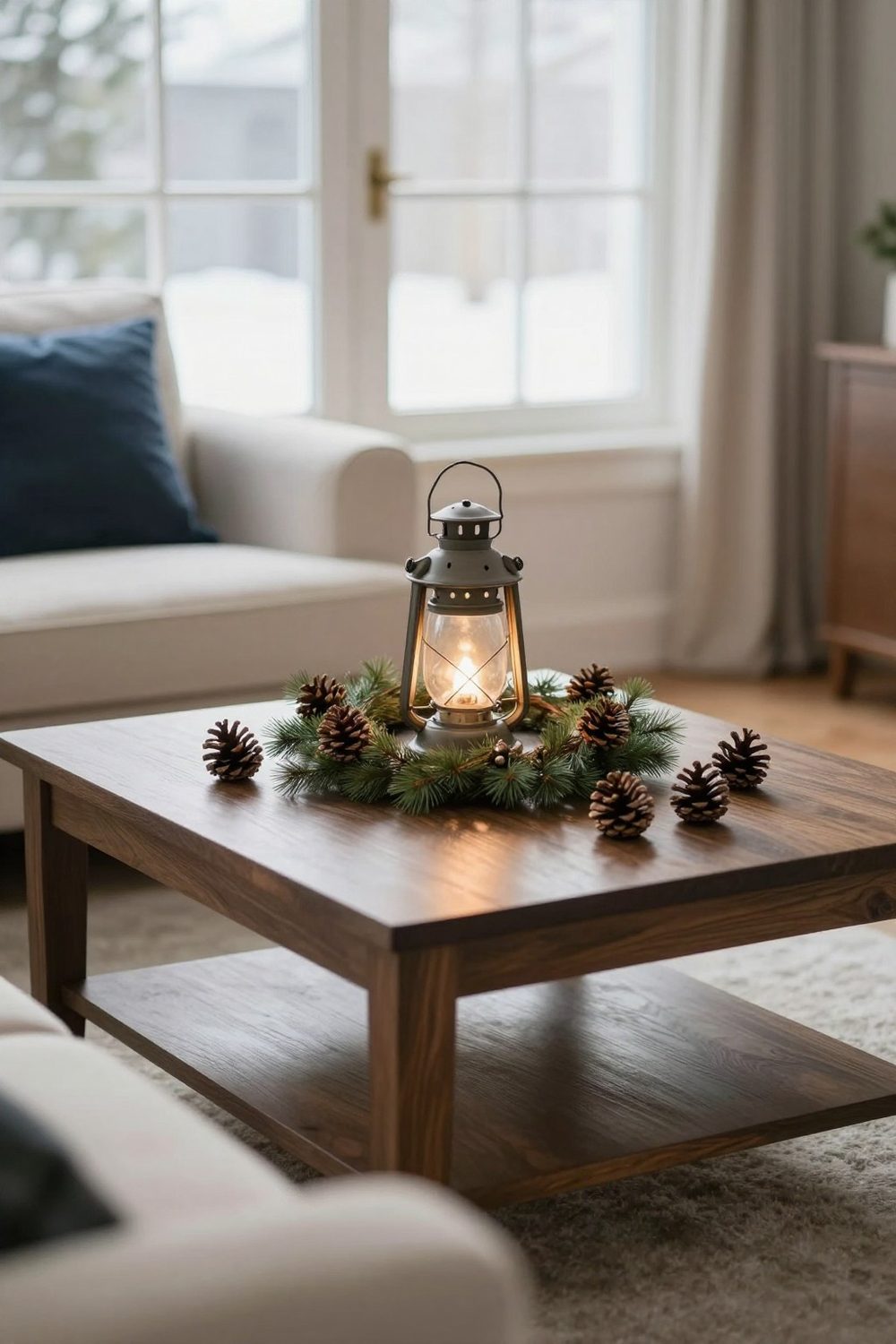 Coffee table with a lantern surrounded by a small wreath and pinecones