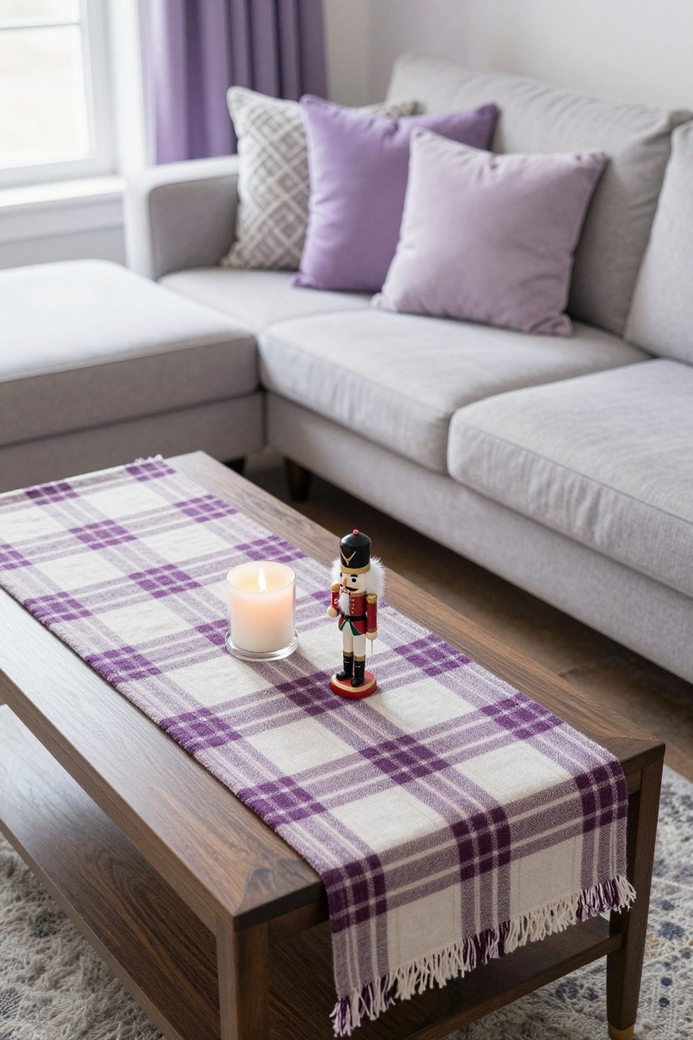 Coffee table with a plaid table runner, a candle and a small nutcracker