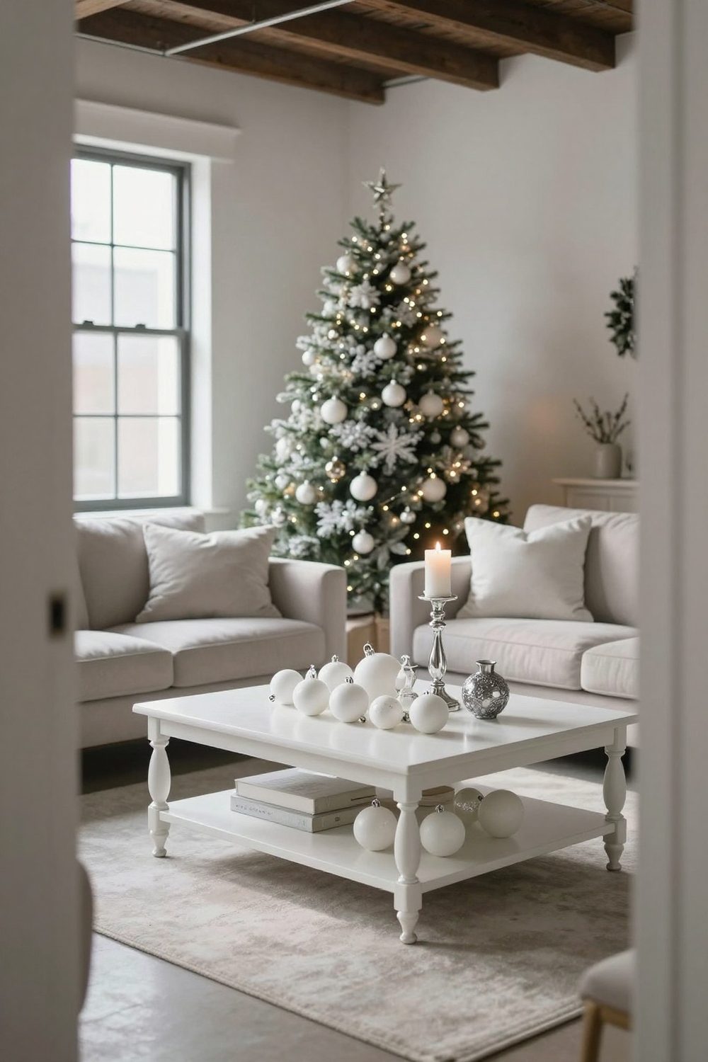 White and silver winter coffee table with white ornaments and silver candle holders