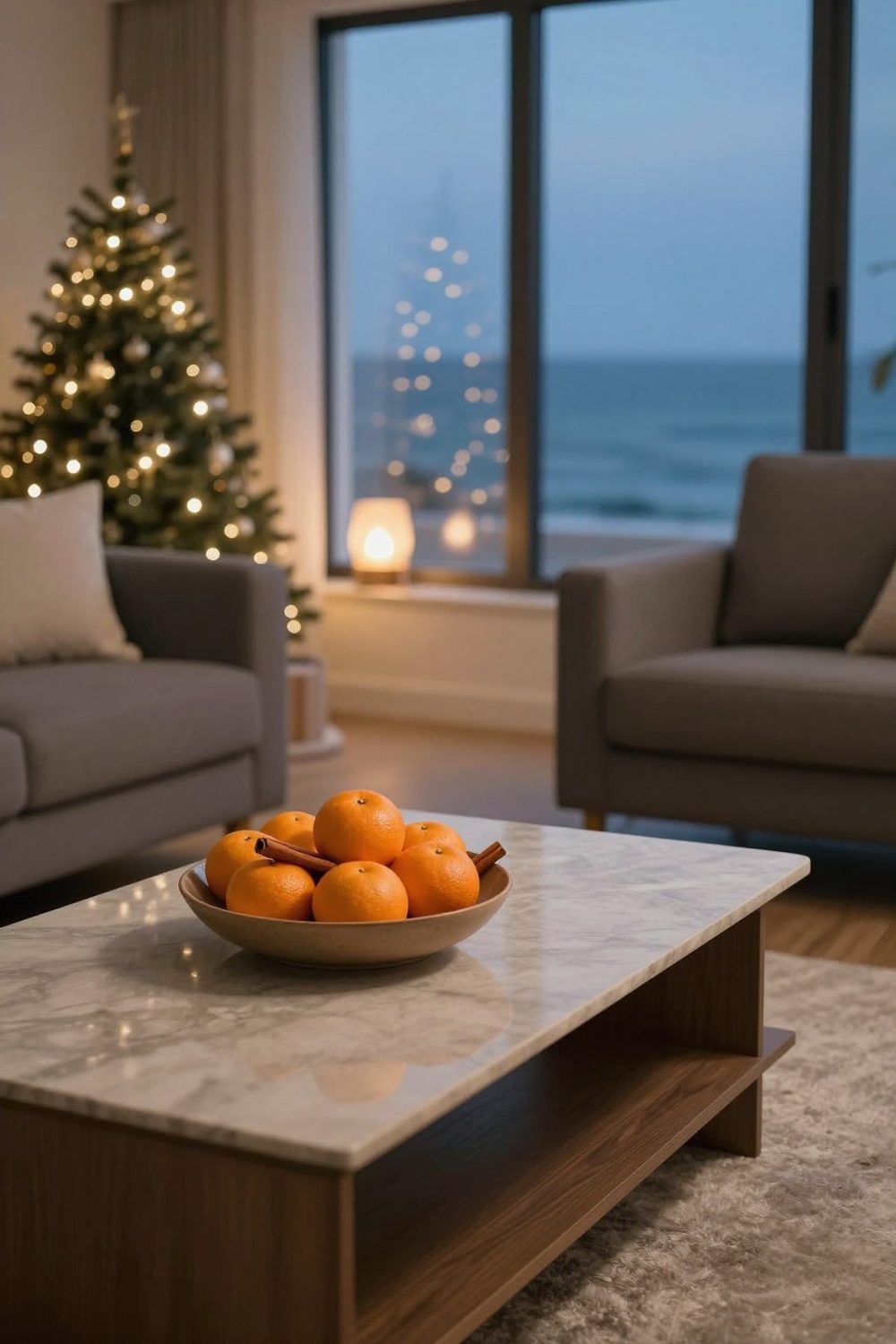 Coffee table with a bowl of clementines and cinnamon sticks