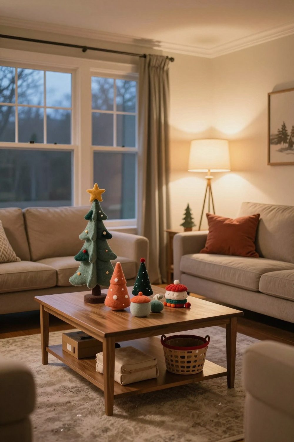 Kid-friendly coffee table decor with a felt tree and soft fabric ornaments