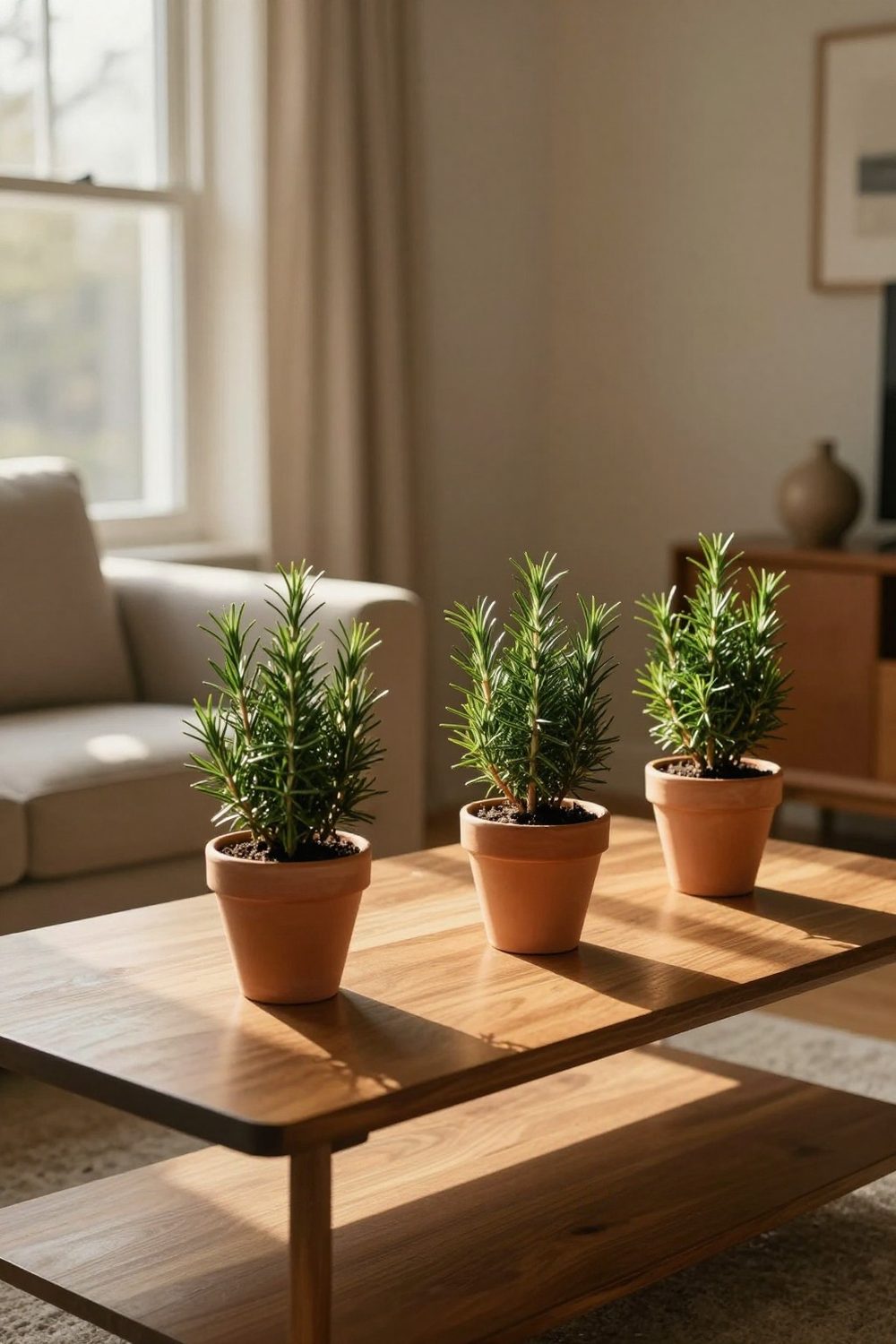 Coffee table with small potted rosemary trees in terracotta pots