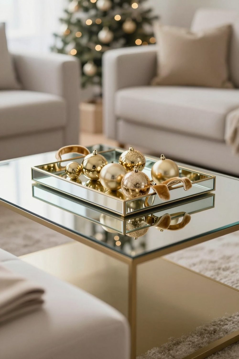 Glam coffee table with gold ornaments, a mirrored tray and velvet ribbon