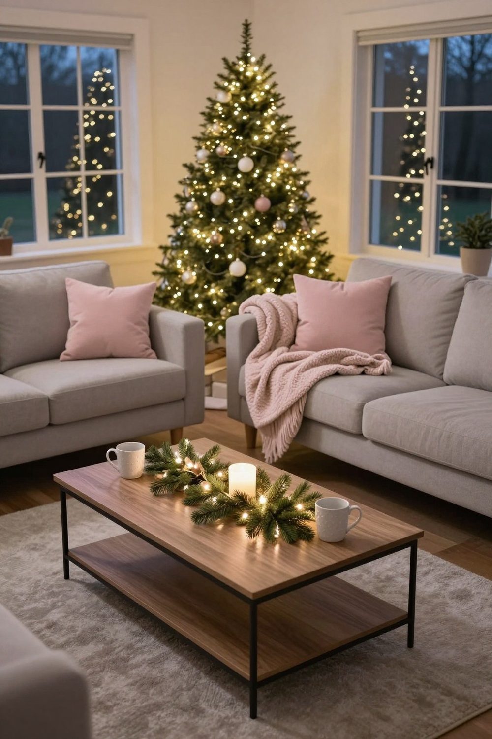 Cozy living room at evening with a decorated coffee table, tree lights and blankets