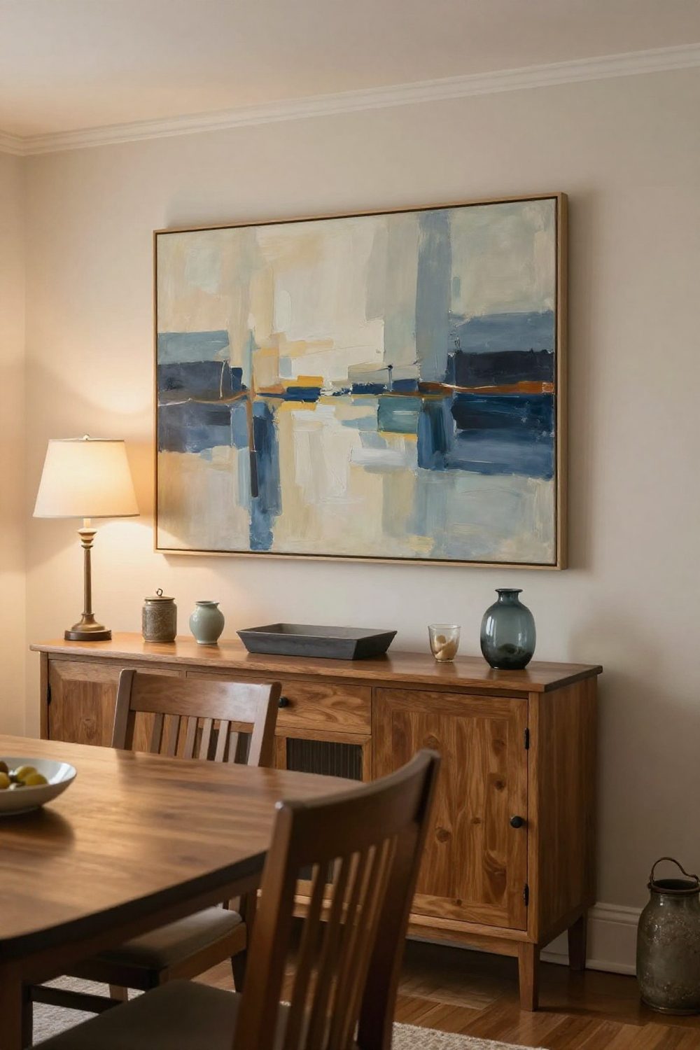 Large abstract painting hung above a wooden sideboard in a dining room