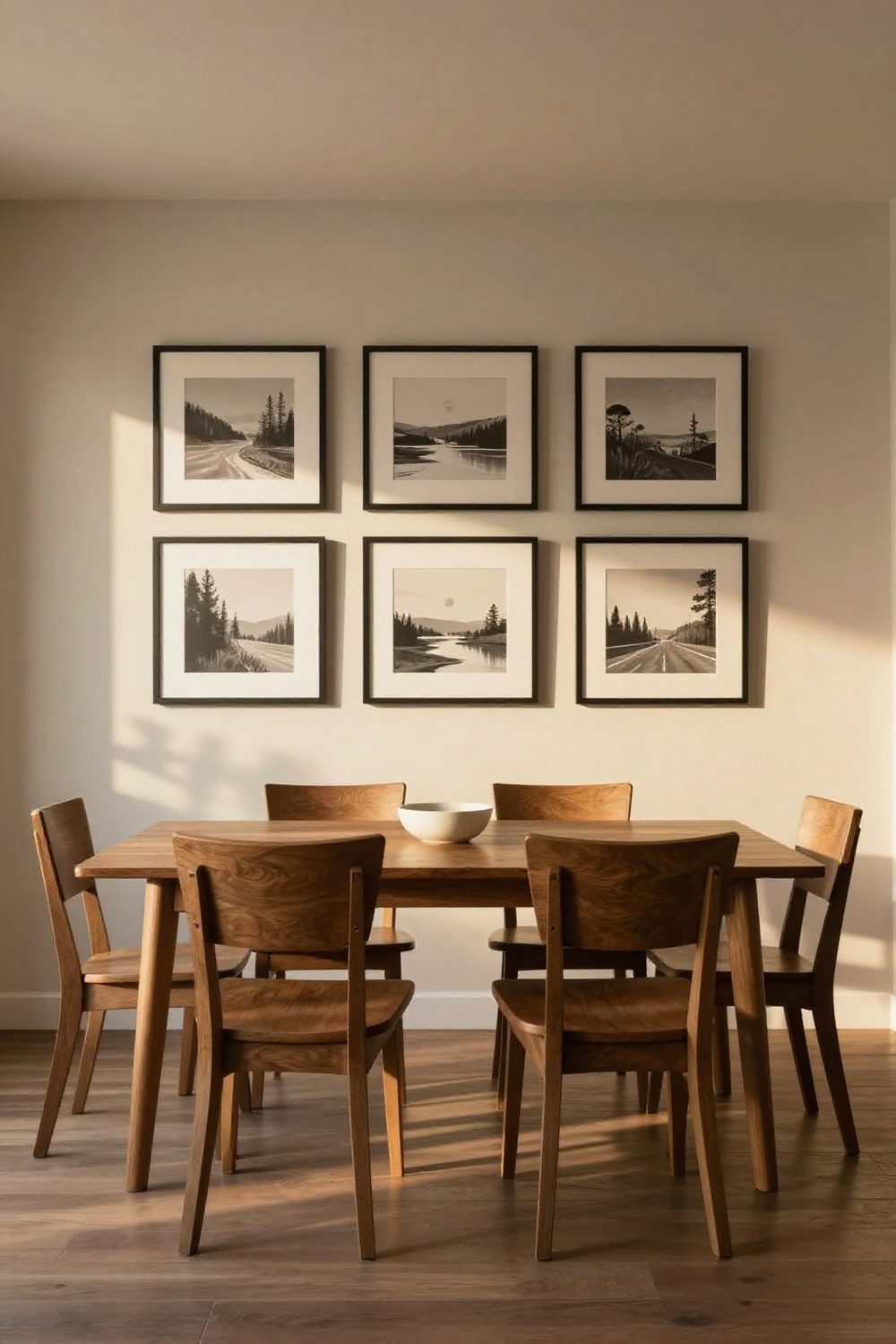 Gallery wall of framed prints with even spacing in a dining room