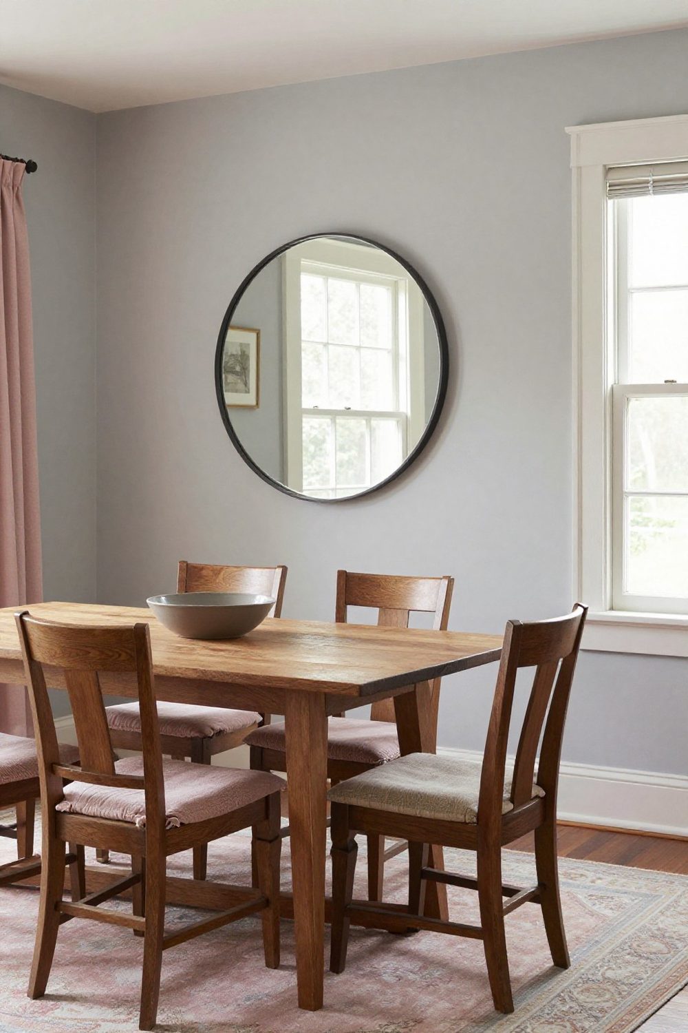 Large round mirror on a dining room wall opposite a window