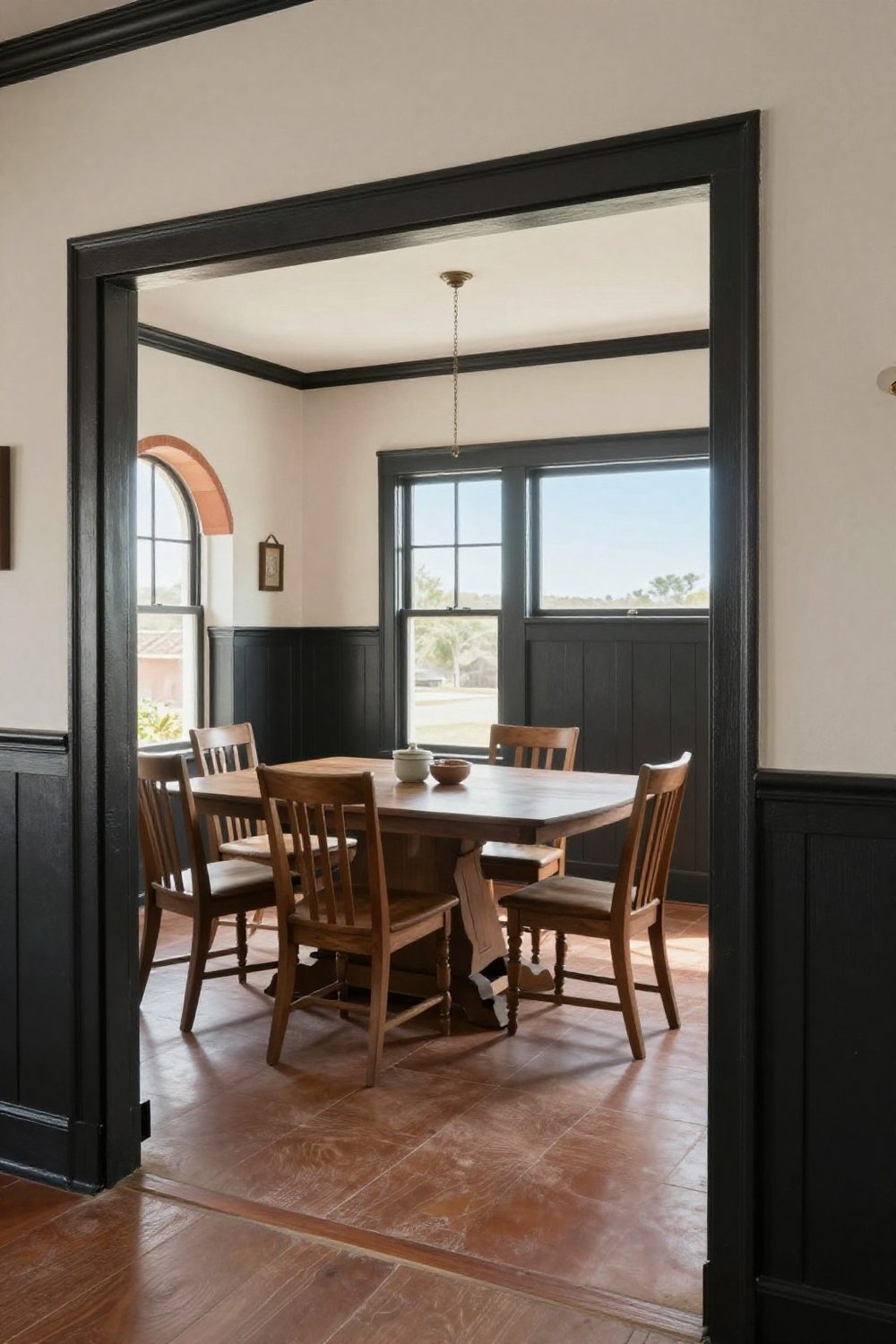 Dining room with board and batten wainscoting painted dark below a light wall