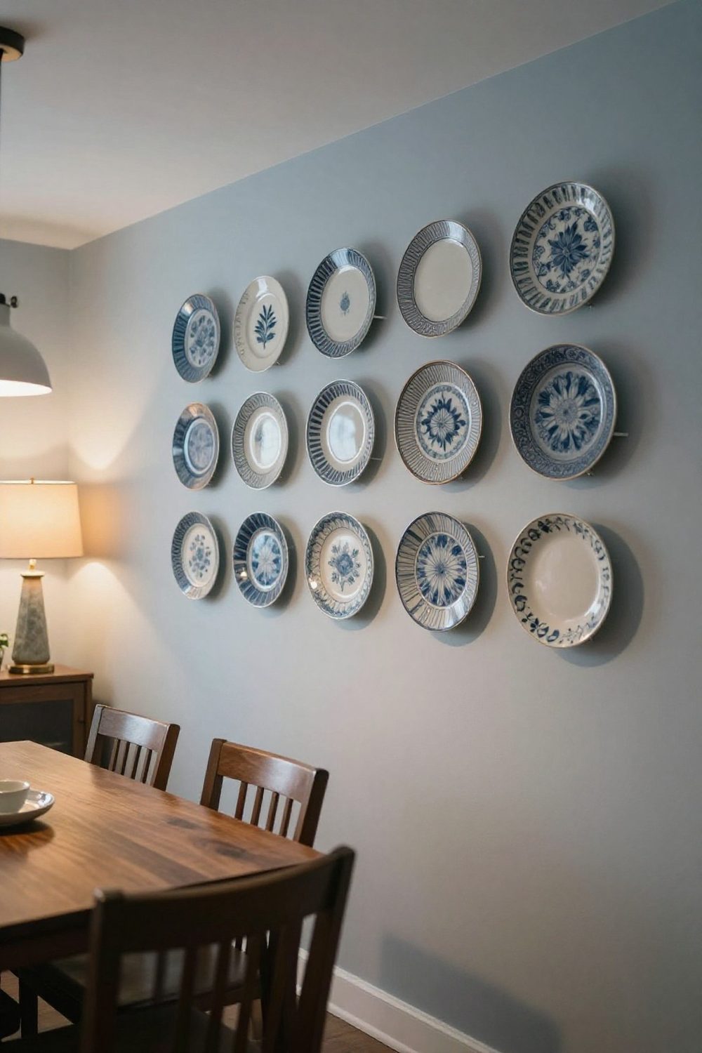 Arrangement of decorative plates hung on a dining room wall