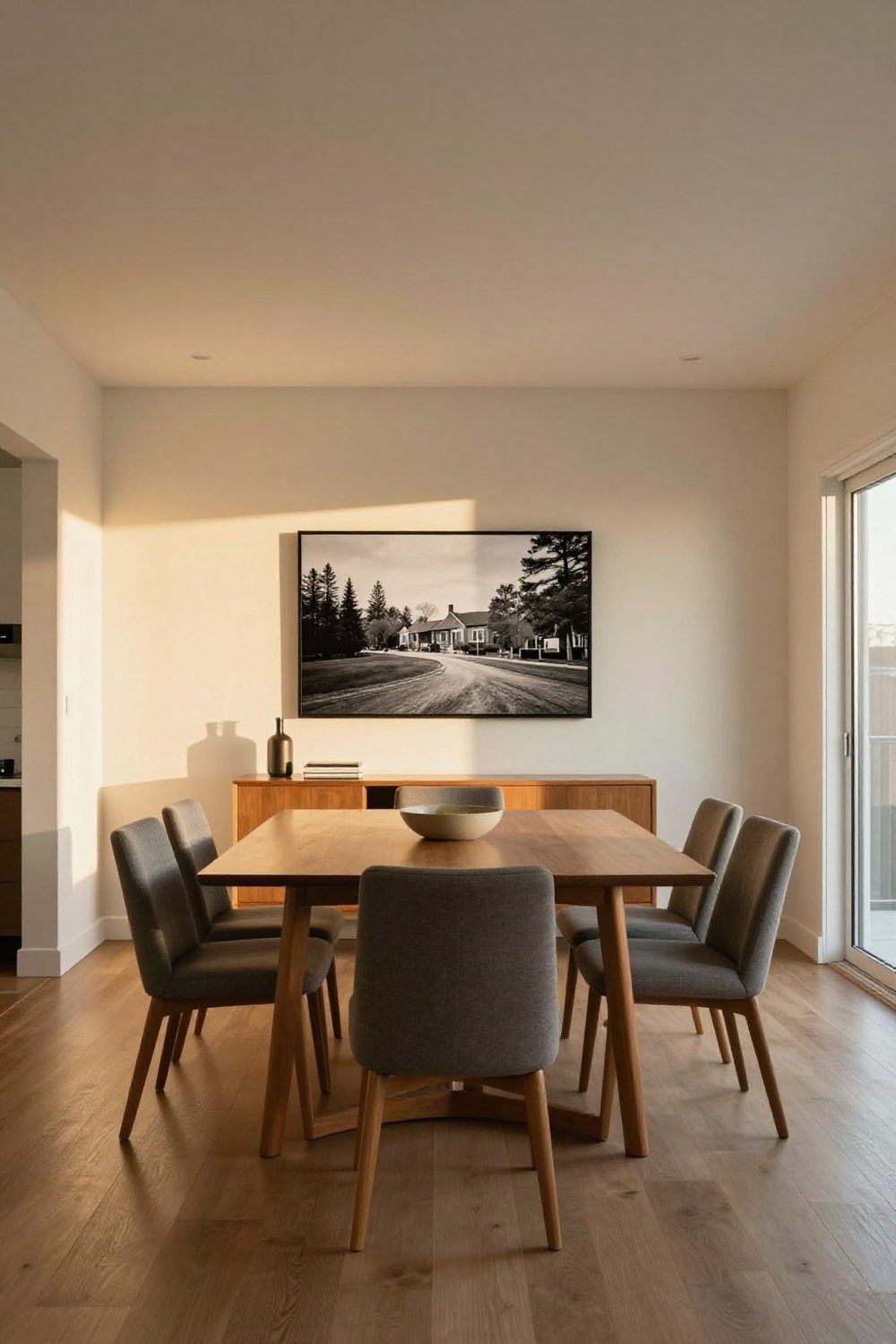 Modern dining room with a large black and white photograph above a console