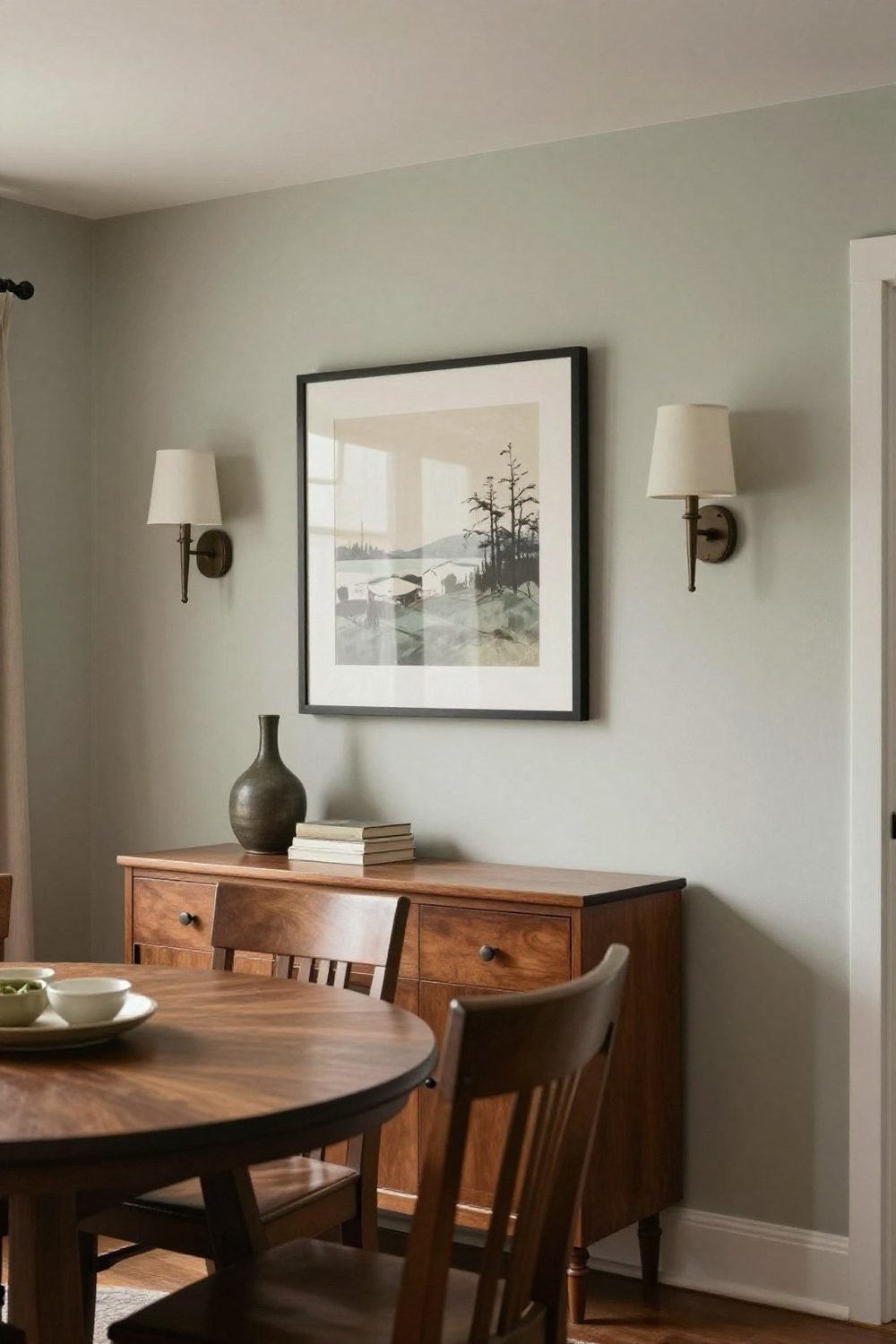 Pair of matching wall sconces flanking artwork above a dining room buffet