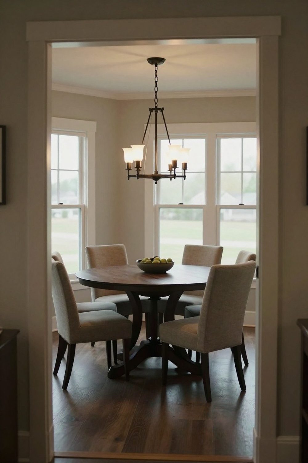 Chandelier hung at the right height above a dining table with chairs