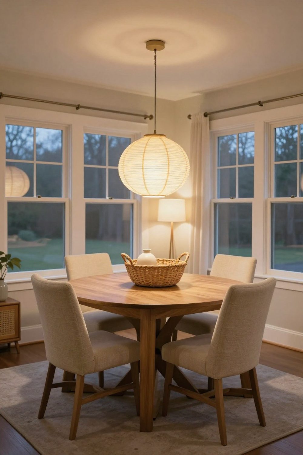 Dining room with a large woven wall basket arrangement