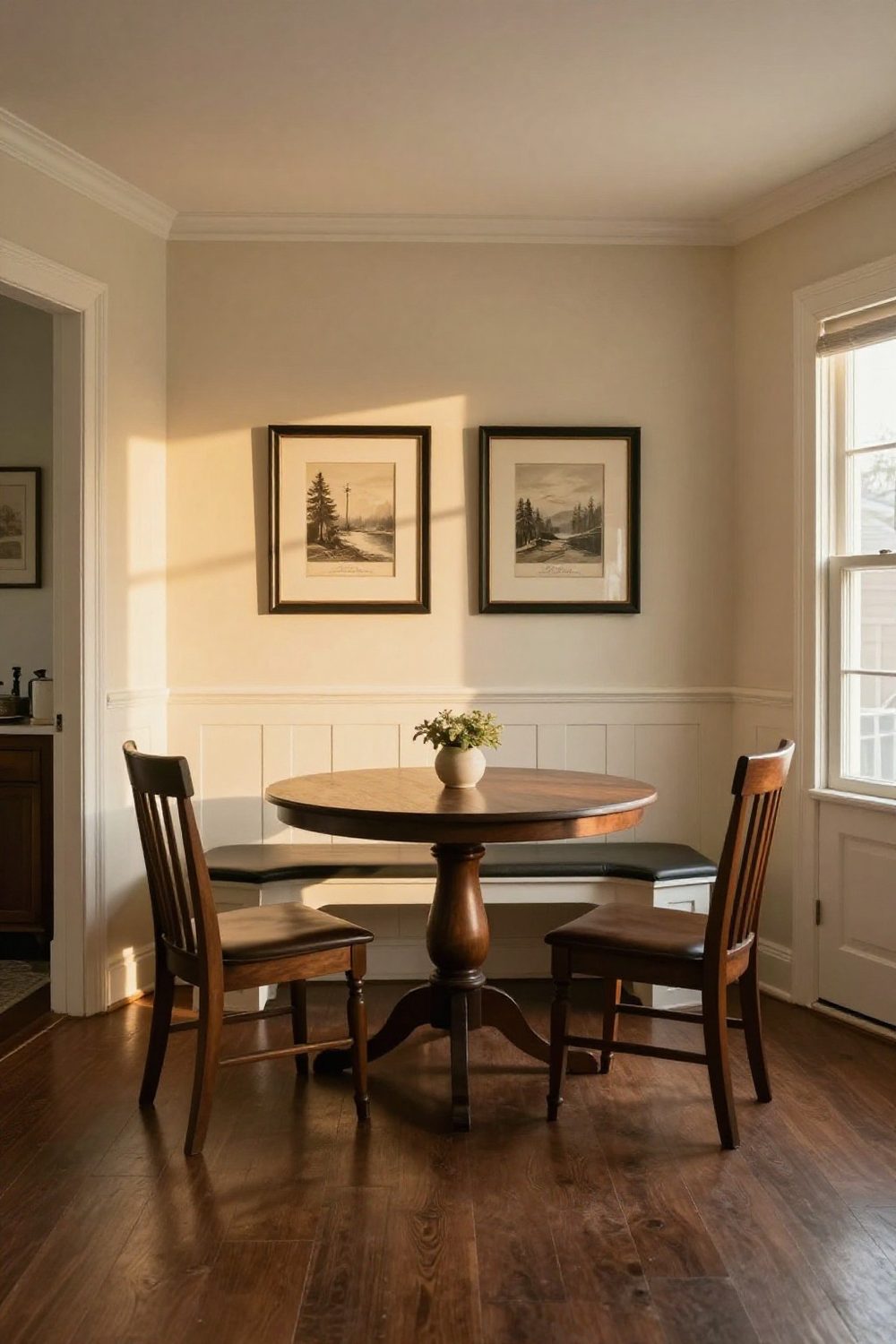 Small dining nook with a round table and two framed prints above a bench