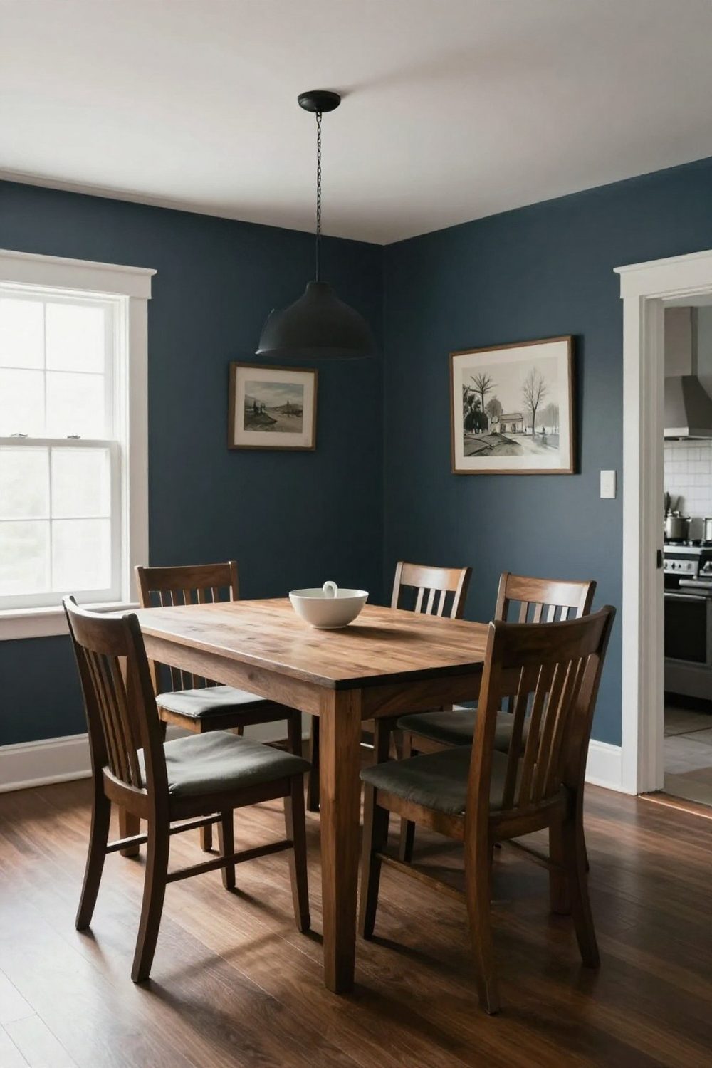 Dining room painted in a deep color with white trim for a dramatic look
