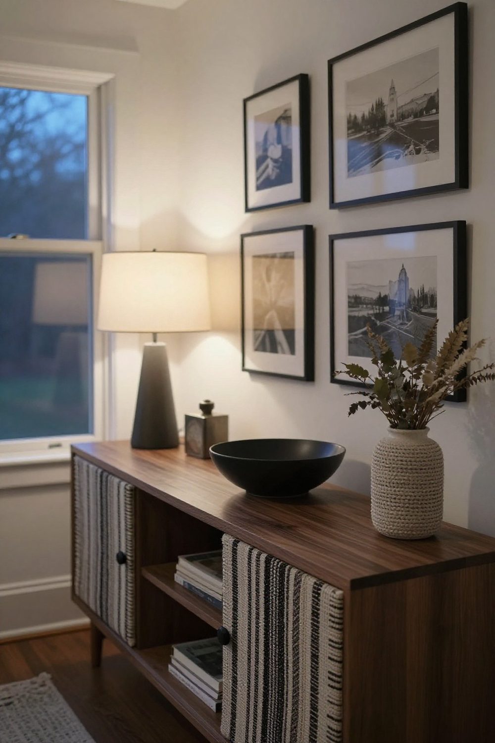 Dining room sideboard styled with lamps, a bowl and art layered against the wall