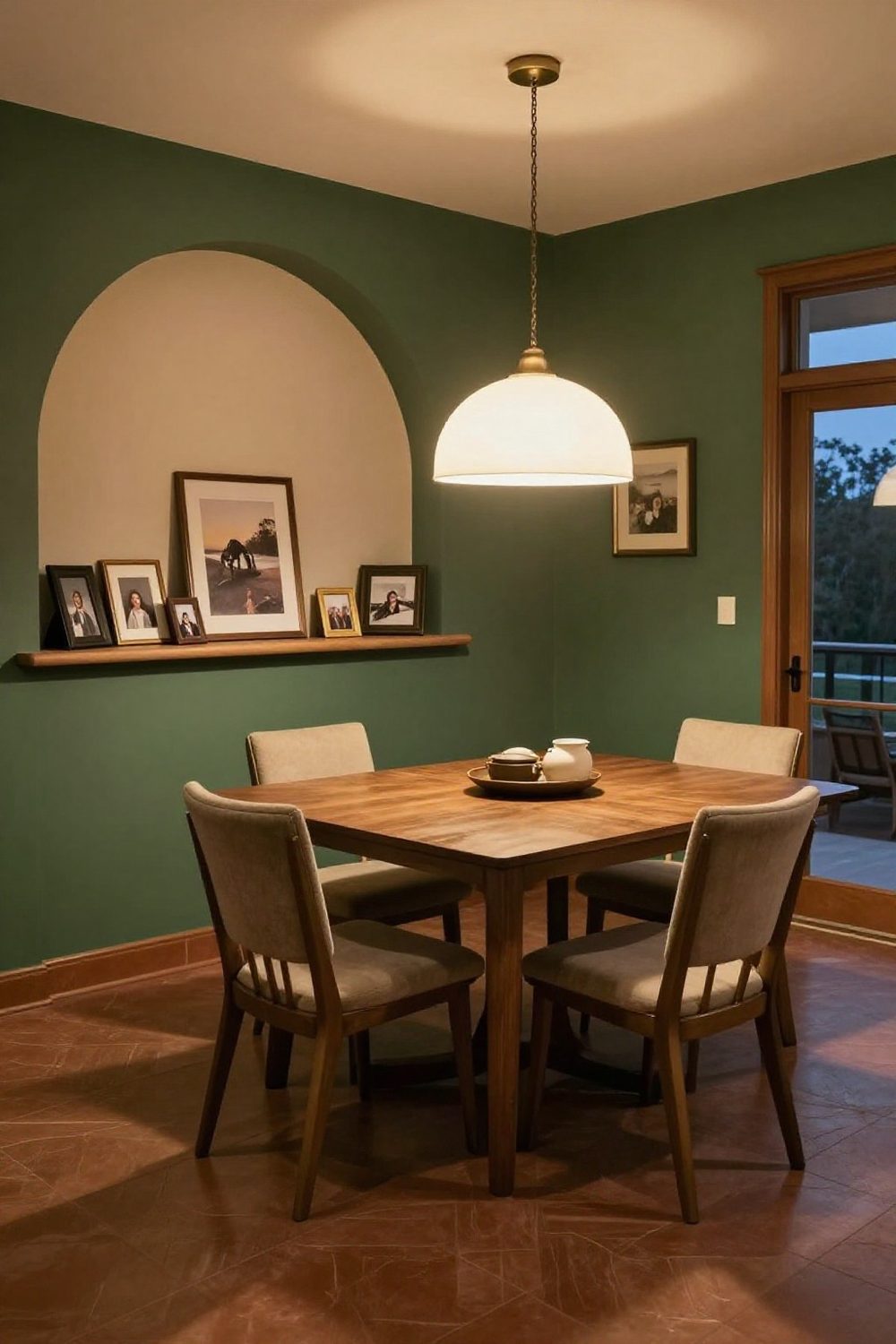 Dining room with a picture ledge holding framed photos and small art