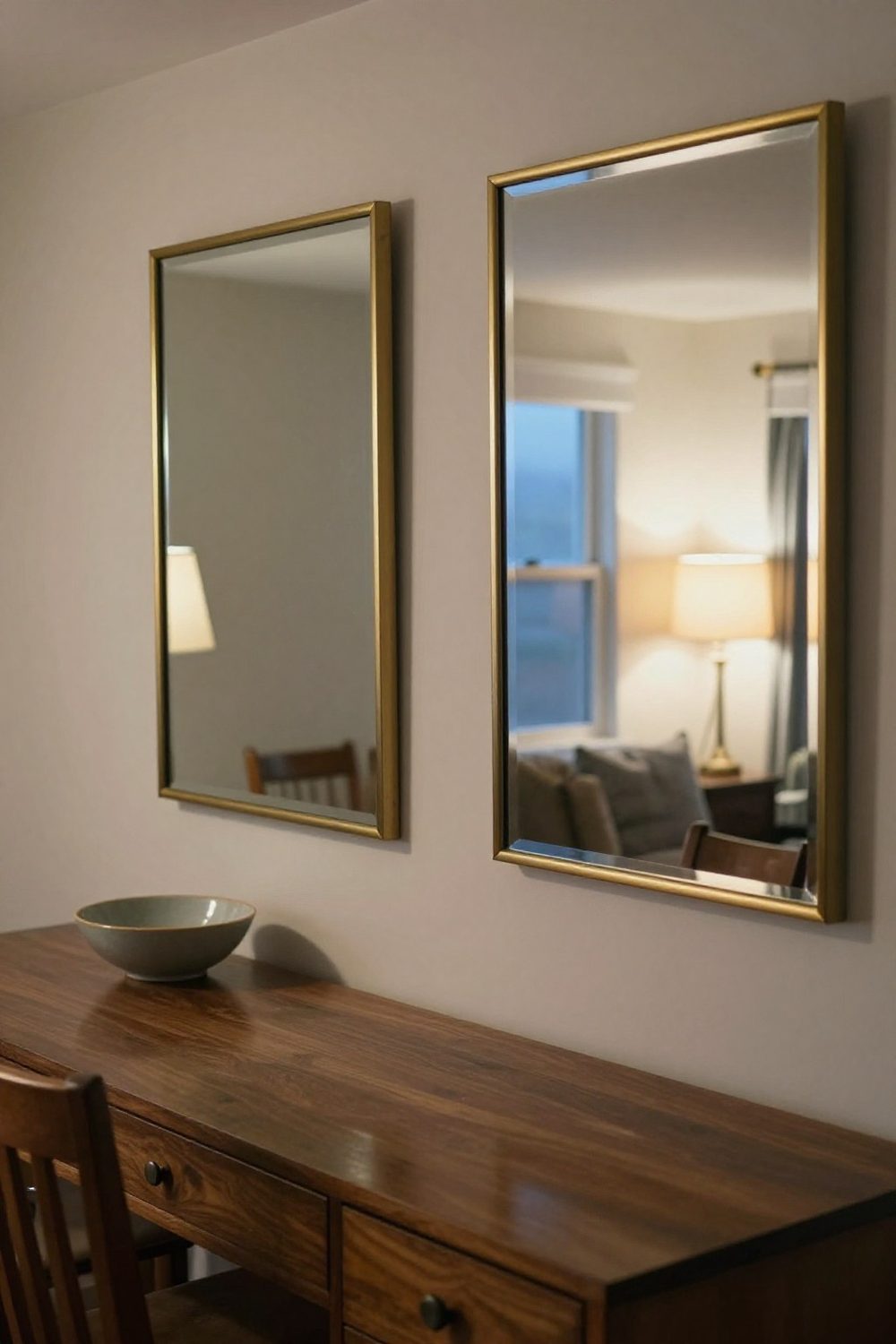 Dining room with a pair of mirrors in matching frames above a long buffet