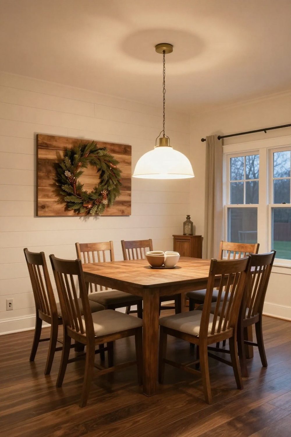 Farmhouse dining room with a large wooden sign-free wreath and shiplap wall