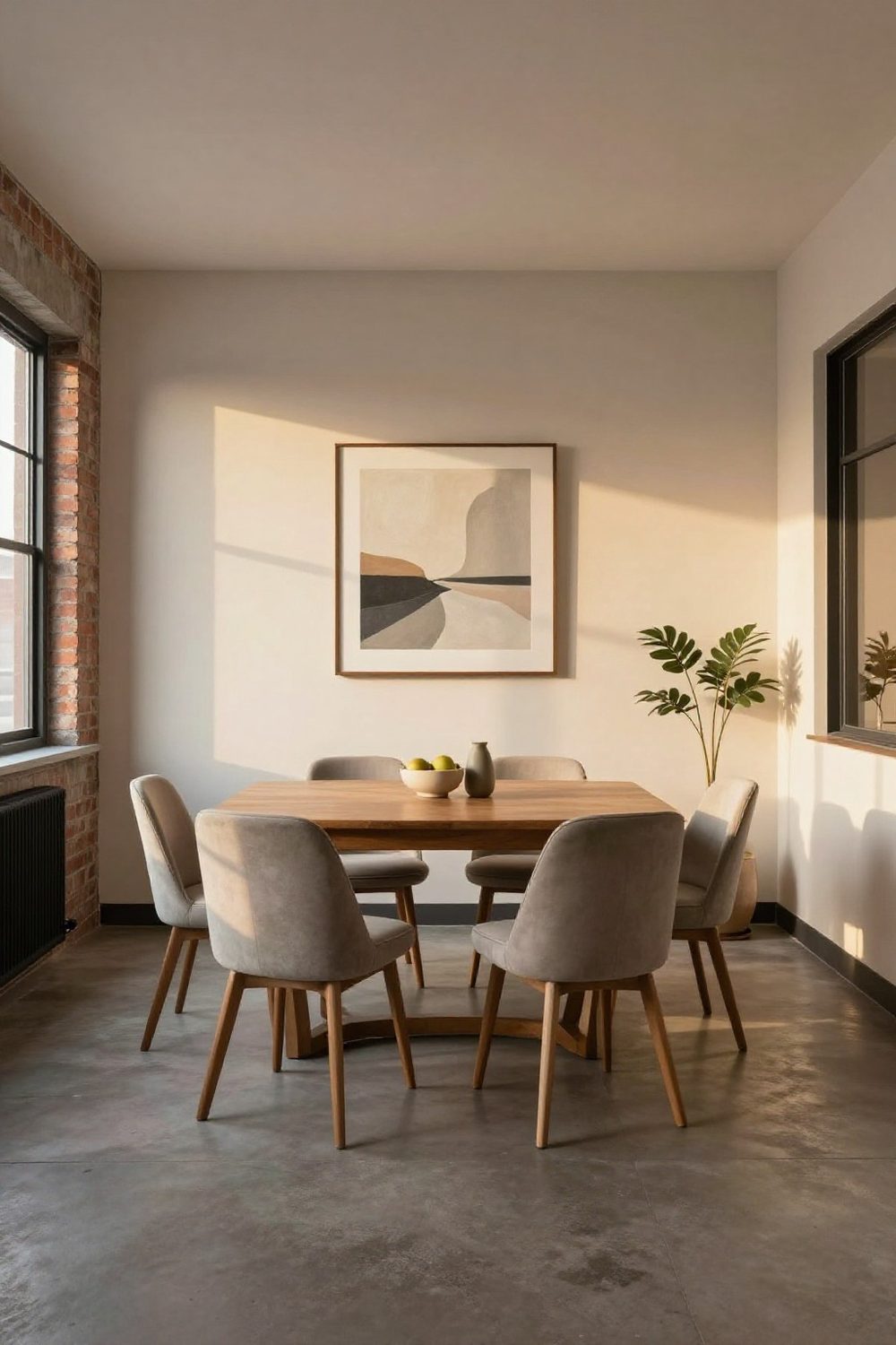 Apartment dining area with art defining the dining zone in an open plan room