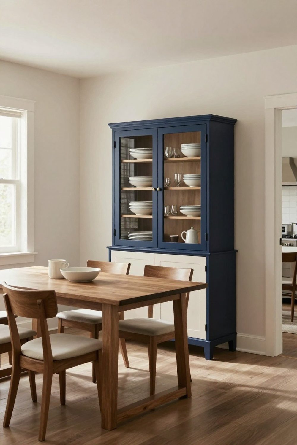 Dining room with a china cabinet displaying dishes as wall decor