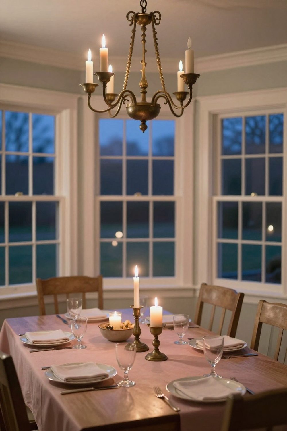 Dining room at evening with dimmed chandelier, candles and art lit softly