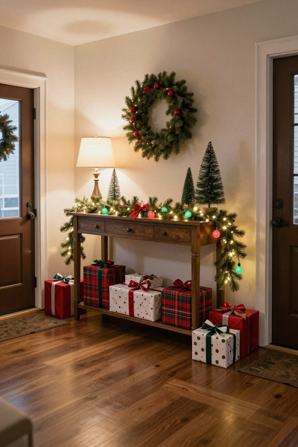 Entry console table decorated for Christmas with a lamp, garland, small trees and a wreath above