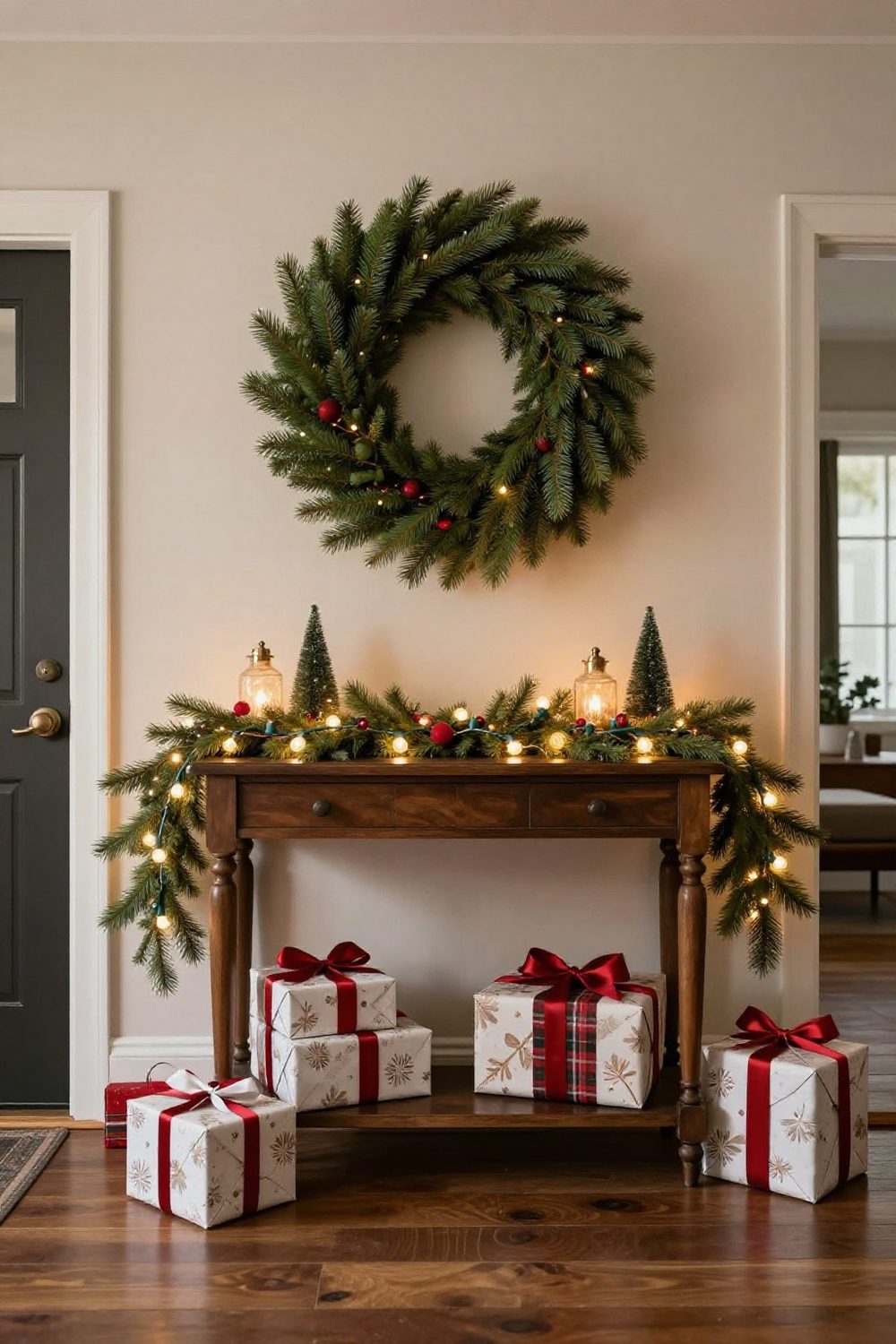 Large evergreen wreath hung on the wall above an entryway console table