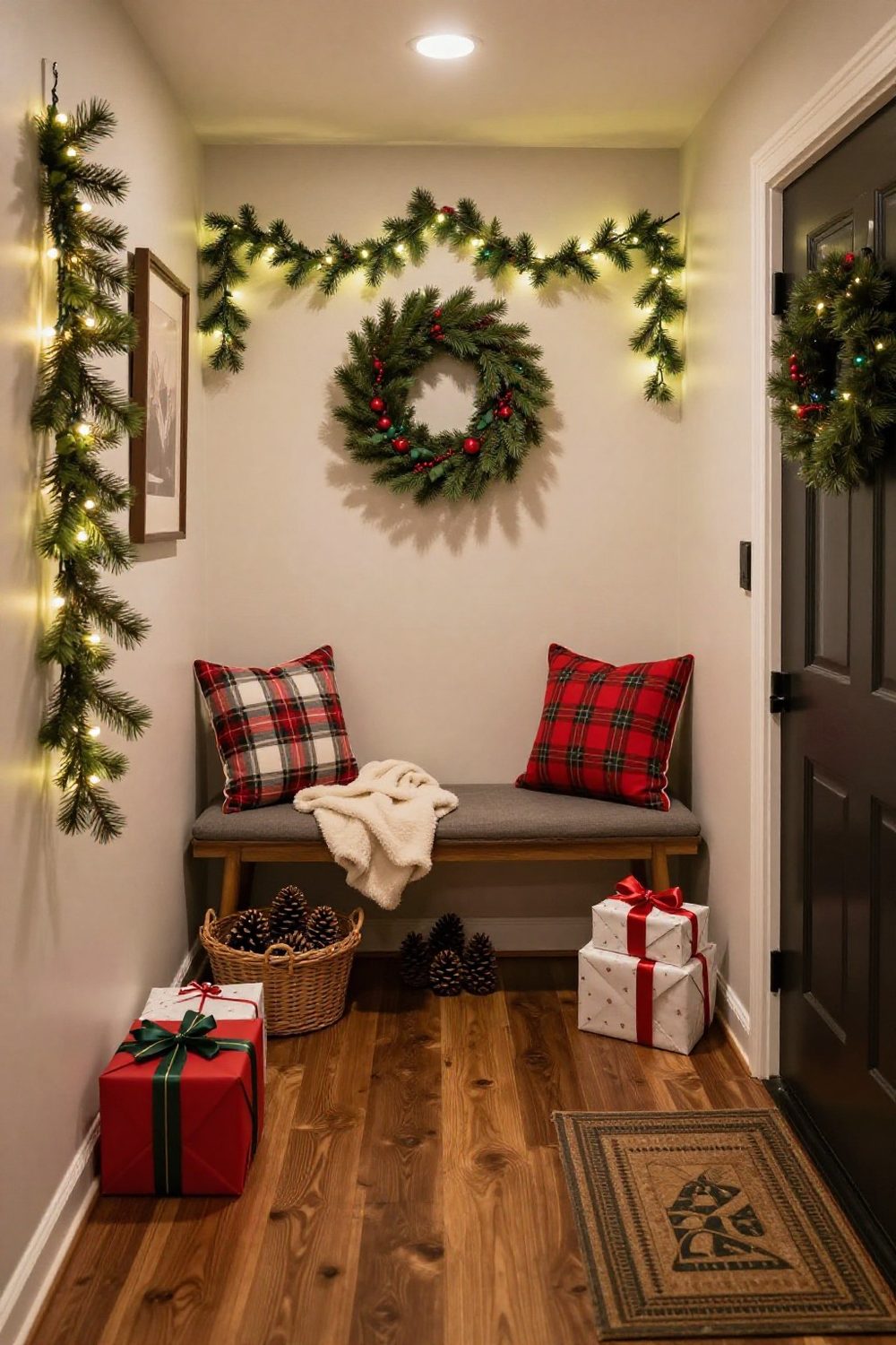 Entryway bench with plaid pillows, a throw and a basket of pinecones underneath