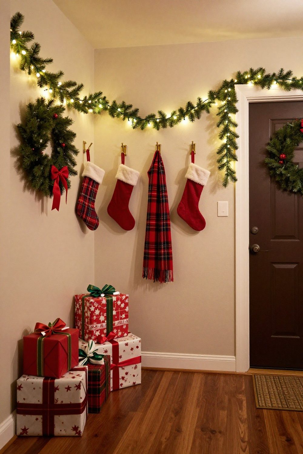 Wall hooks in an entryway with stockings and a plaid scarf hanging, Christmas garland above