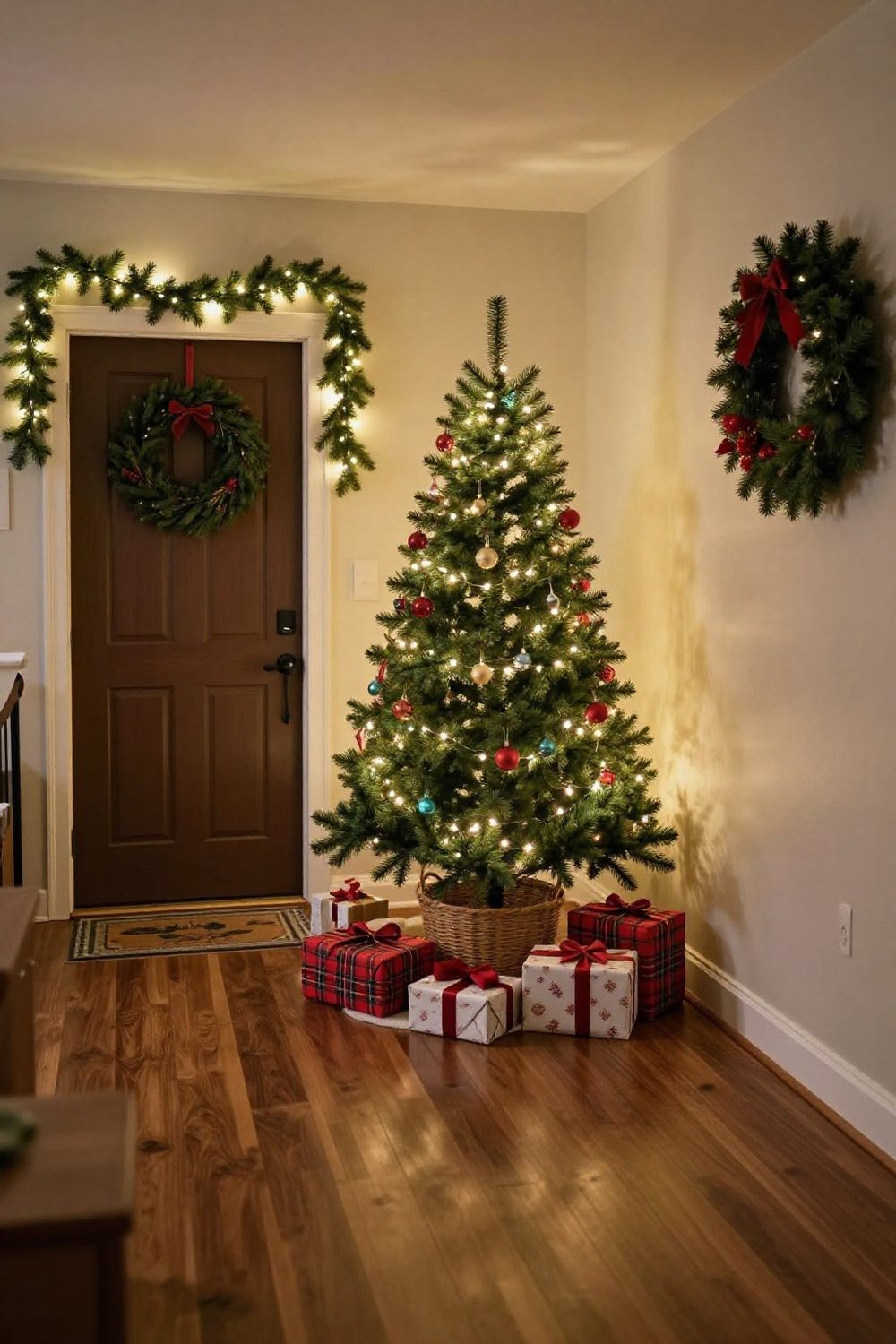 Small Christmas tree in a basket standing in the corner of an entryway