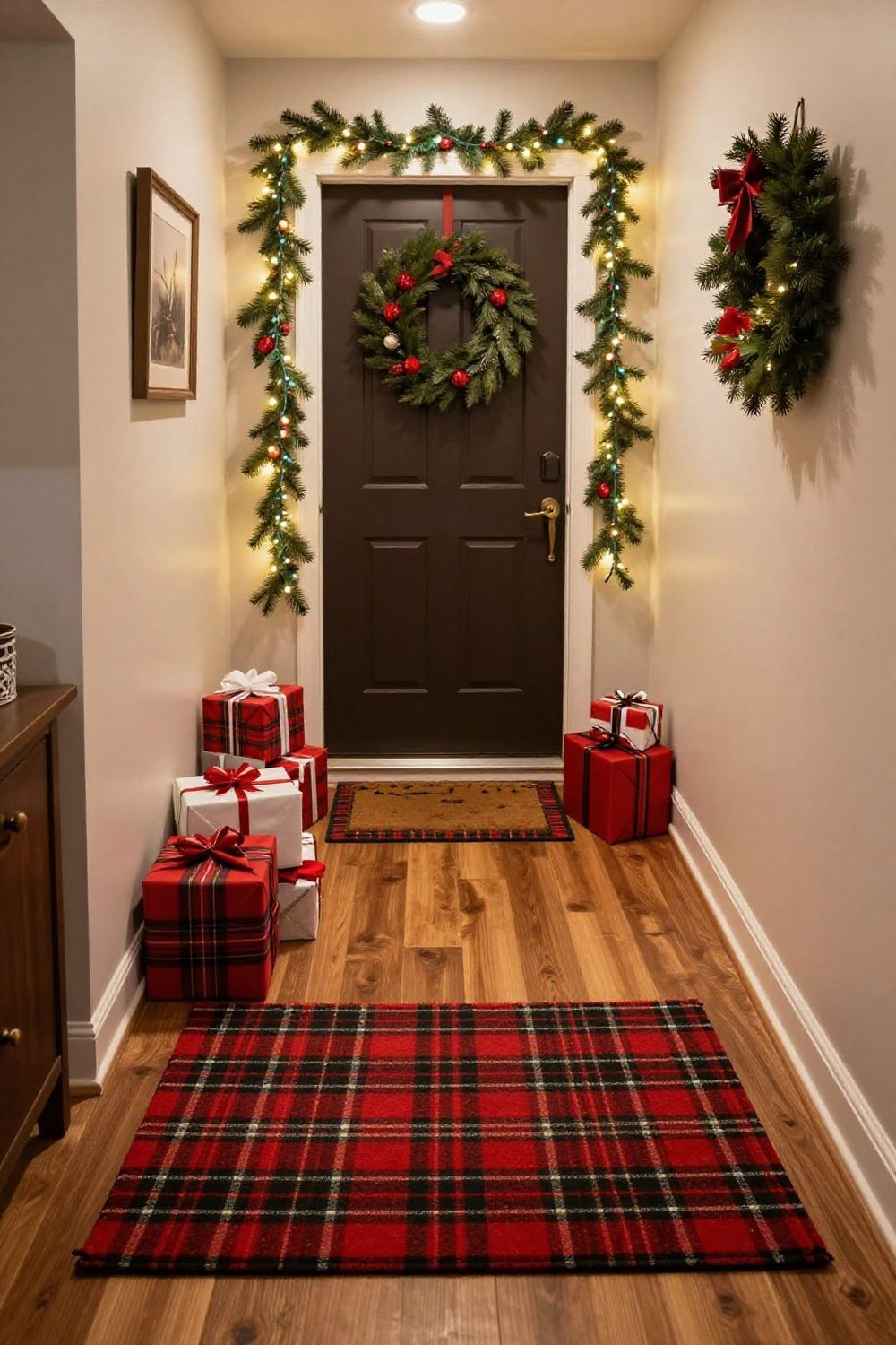 Layered non-slip doormat and plaid rug inside a front entryway decorated for Christmas