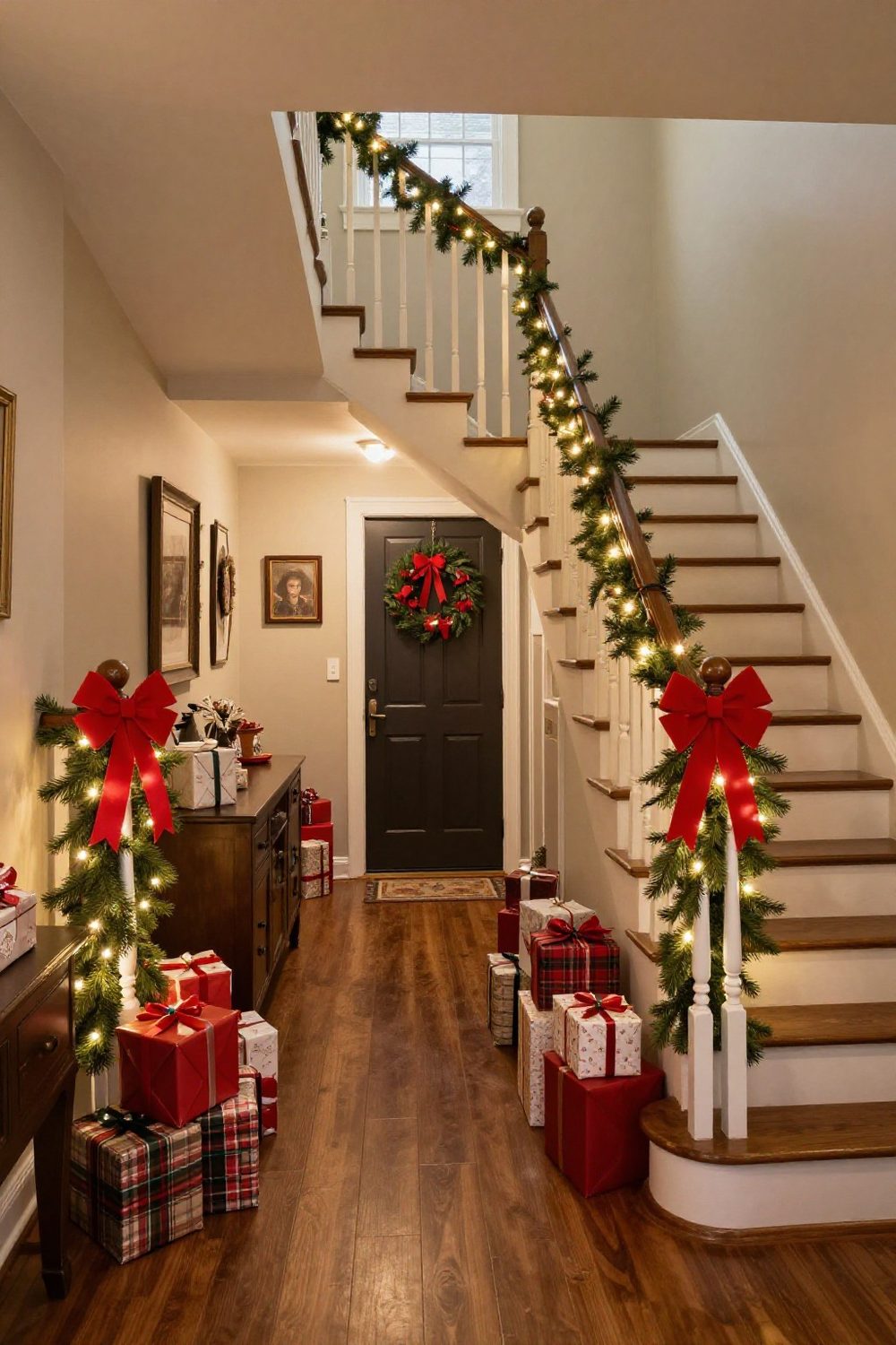 Staircase banister in an entryway wrapped with garland and red bows