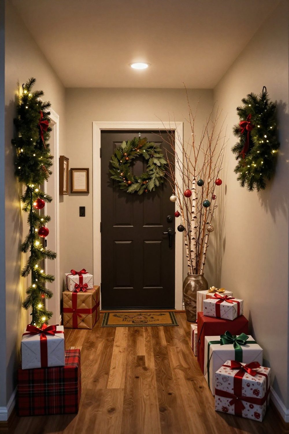 Entryway with a tall vase of birch branches decorated with small ornaments