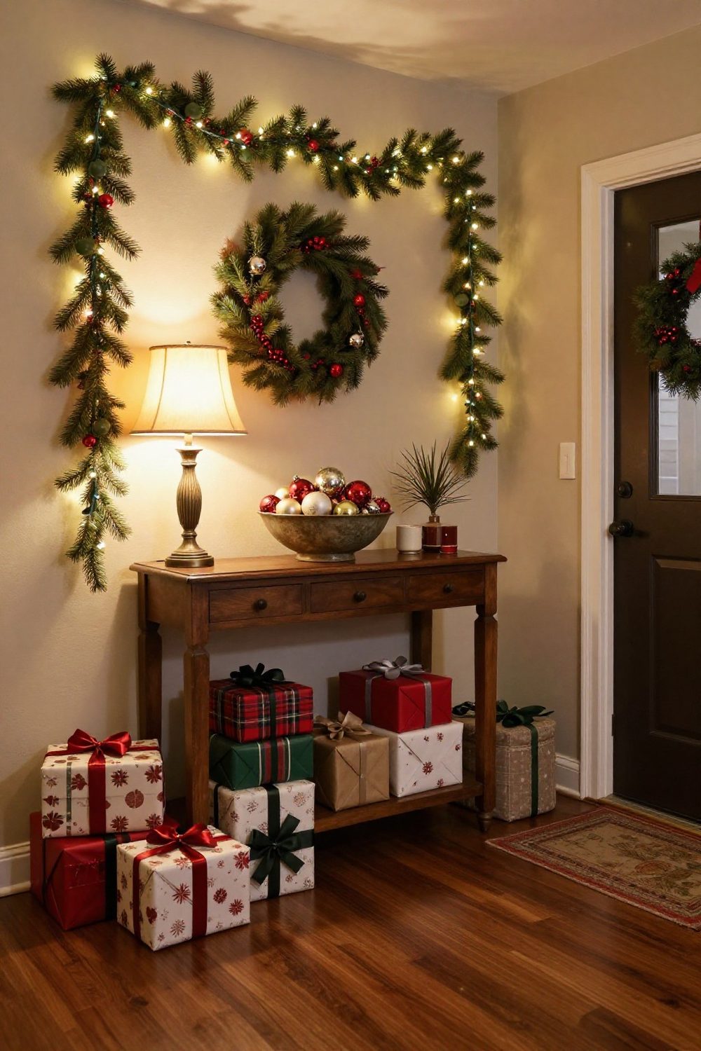 Entry console with a bowl of vintage ornaments and a lamp with a warm glow