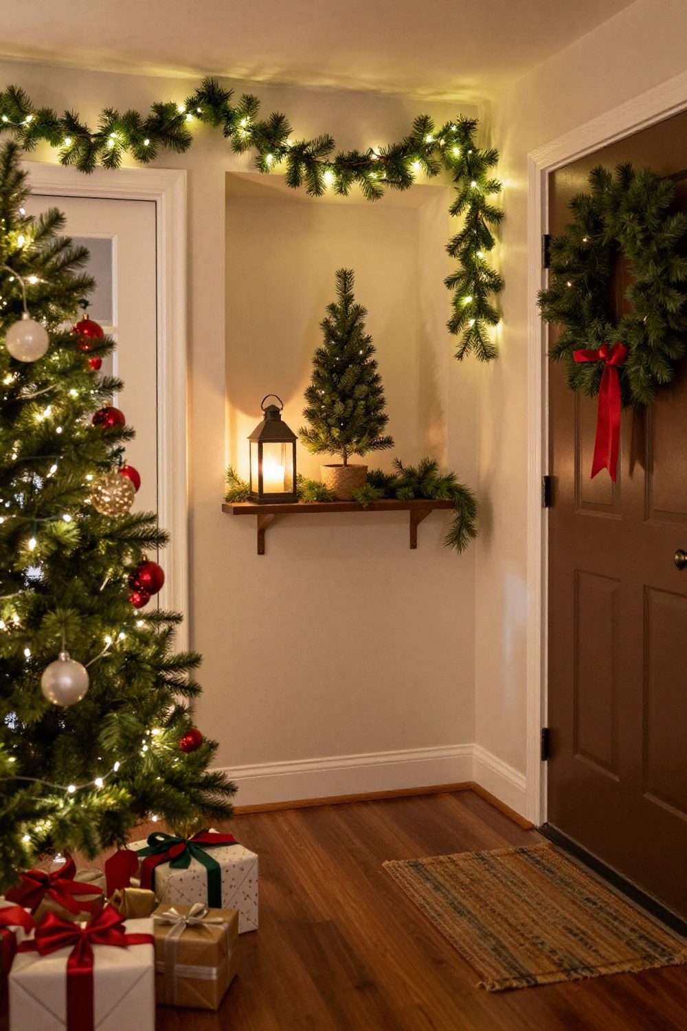Small entryway with a narrow wall shelf holding a mini tree, a candle in a lantern and greenery