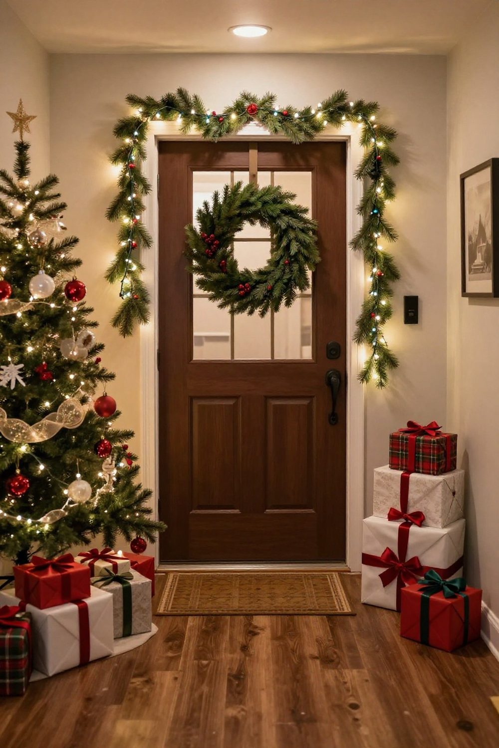 Inside of a front door with an evergreen wreath hung on an over-the-door hanger