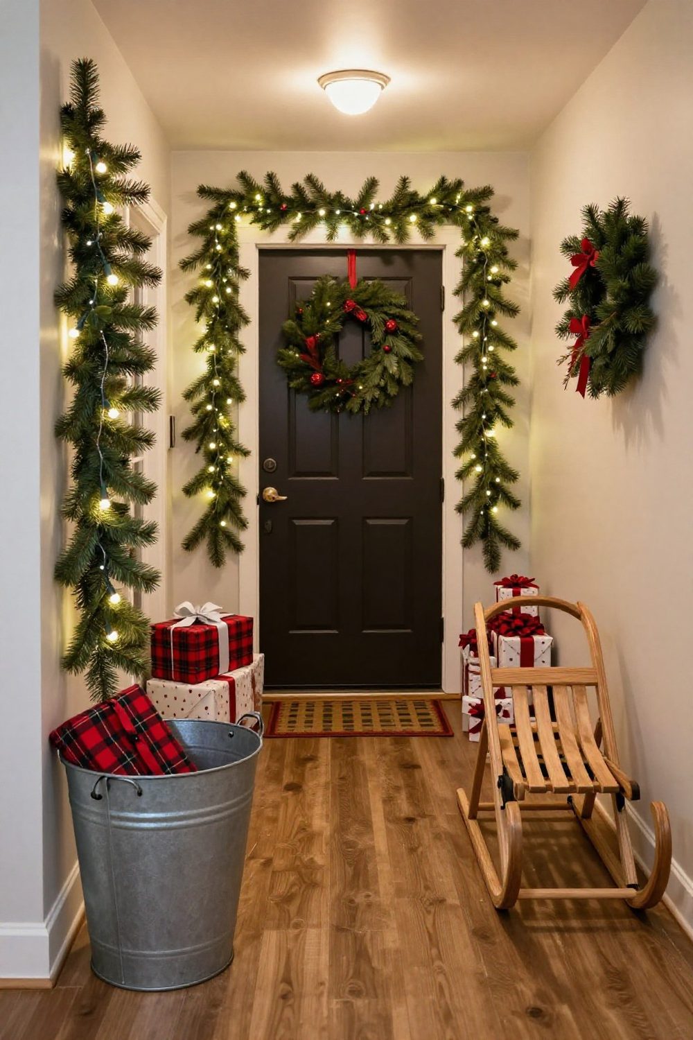 Farmhouse entryway decorated for Christmas with galvanized bucket, plaid and wooden sled