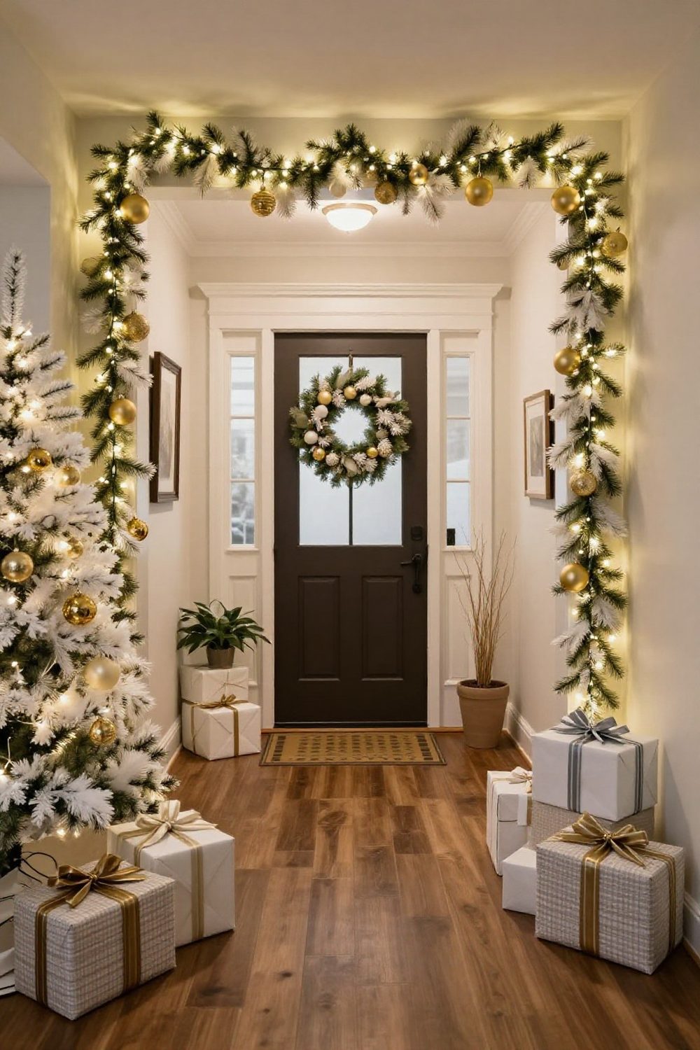 Elegant entryway with white and gold Christmas decor, a white garland and gold ornaments