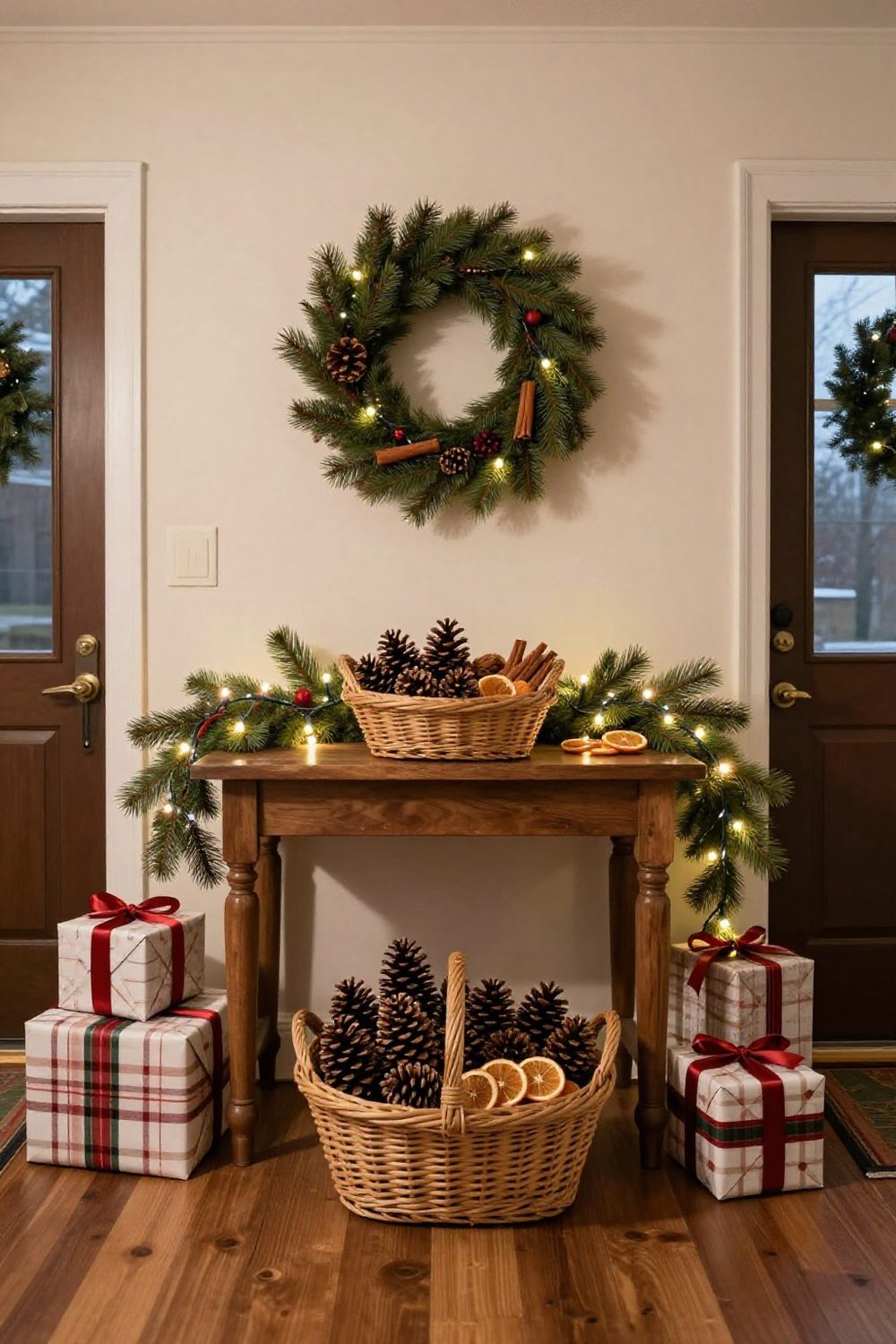 Entry table with a basket of pinecones, cinnamon sticks and dried oranges