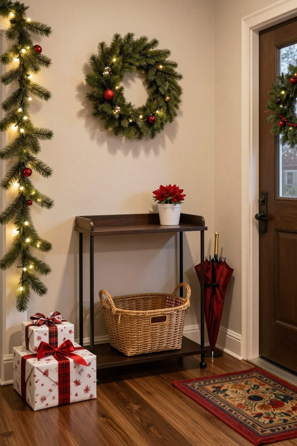 Boot tray and umbrella stand with a festive basket in a Christmas entryway