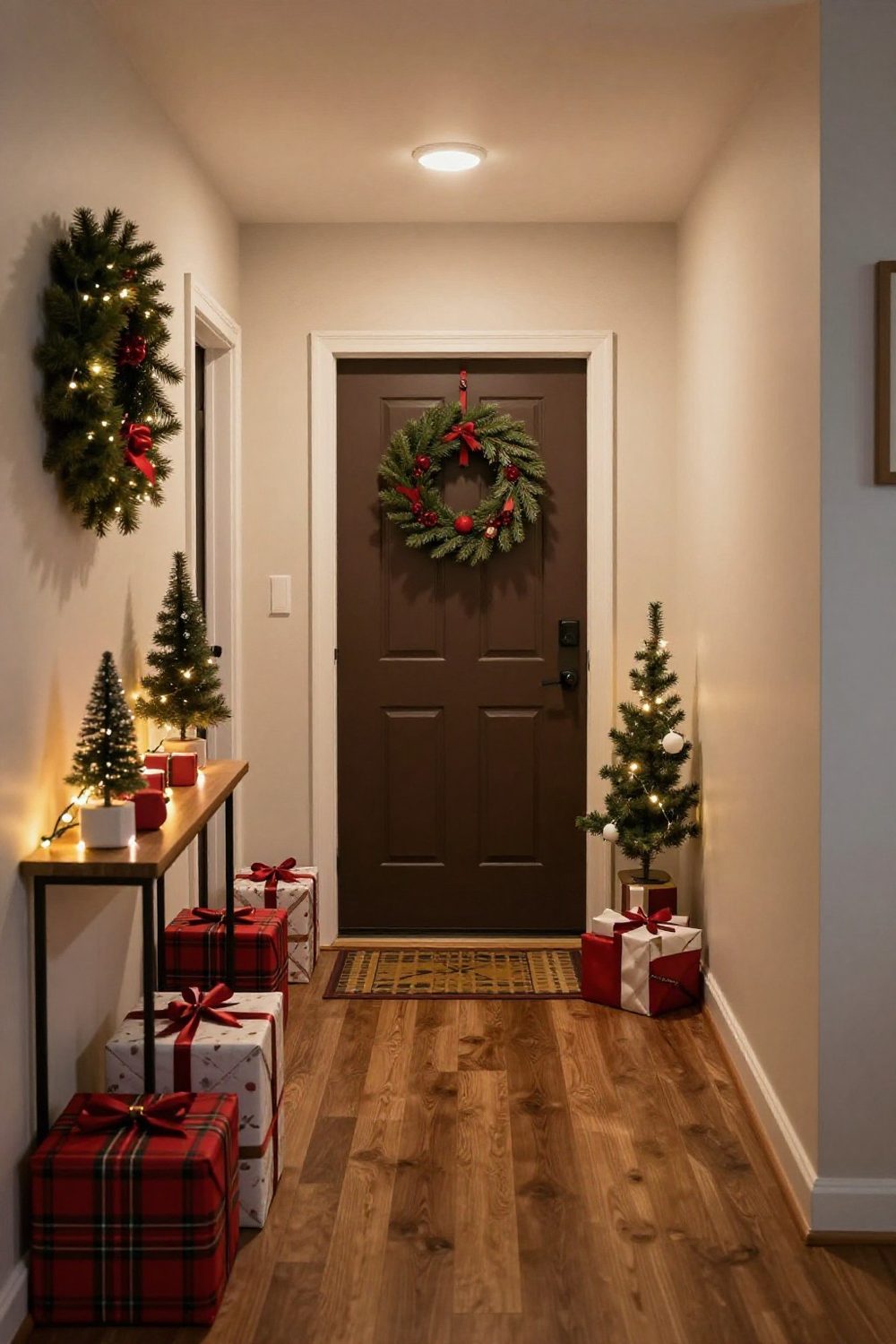 Small apartment entry with a mini wreath on a hook and a slim console with a small tree