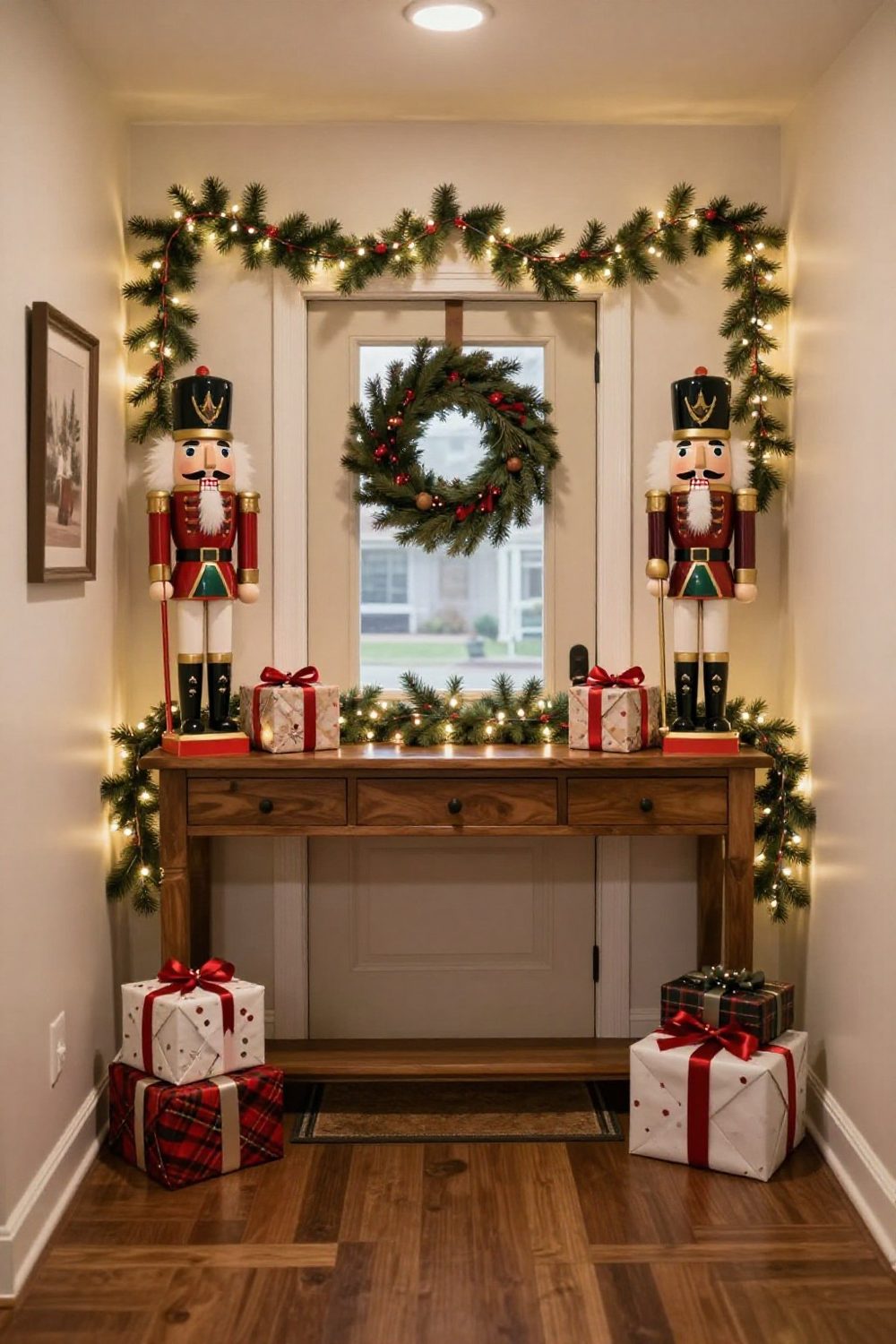 Entryway console with a nutcracker pair standing at both ends and garland between them