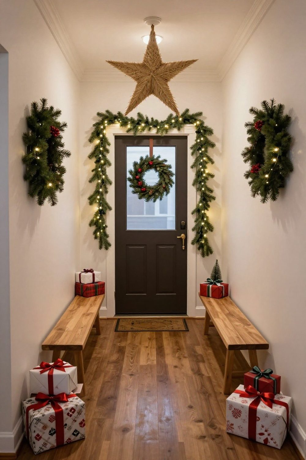 Scandinavian entryway with a straw star, white walls and a simple wooden bench