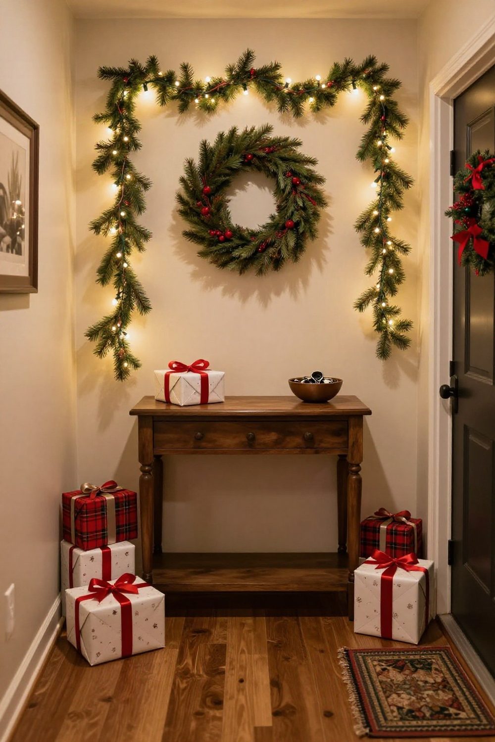 Entry table with a small wrapped gift box and a bowl for keys