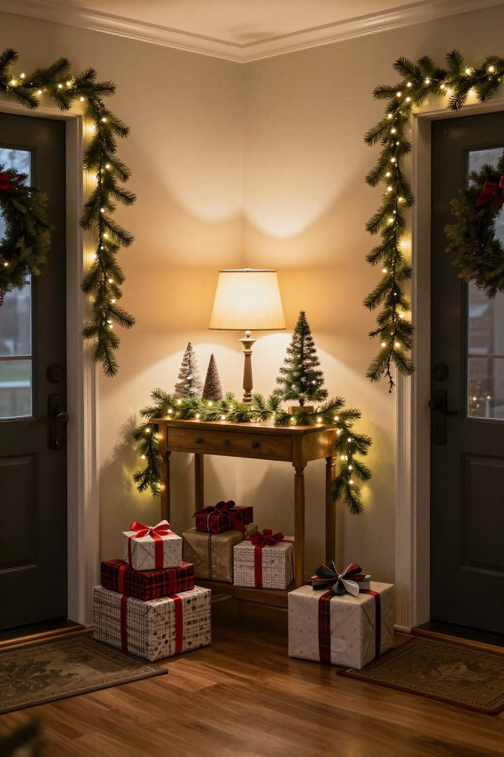 Entryway lamp on a console table glowing warmly with a garland and small trees